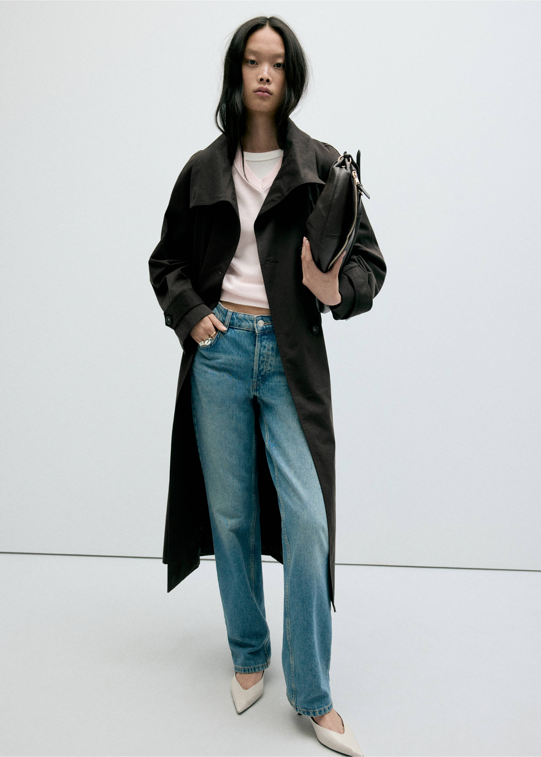 Long funnel neck belted trench coat - General plane, Chocolate. Ref: 37074787-00.
