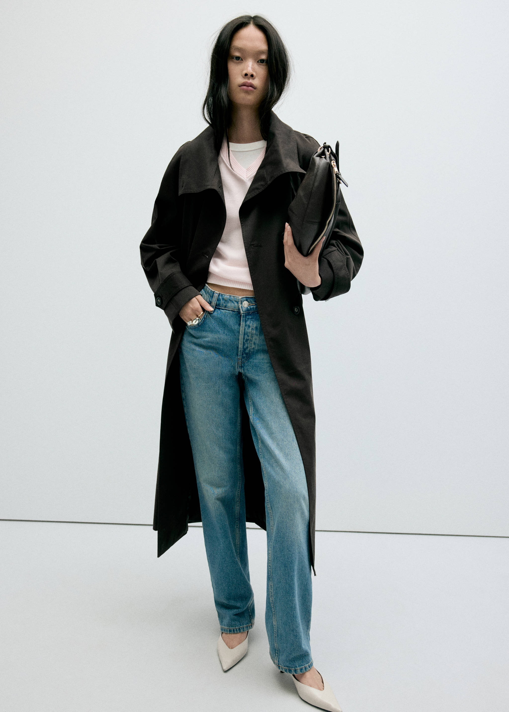 Long funnel neck belted trench coat - General plane