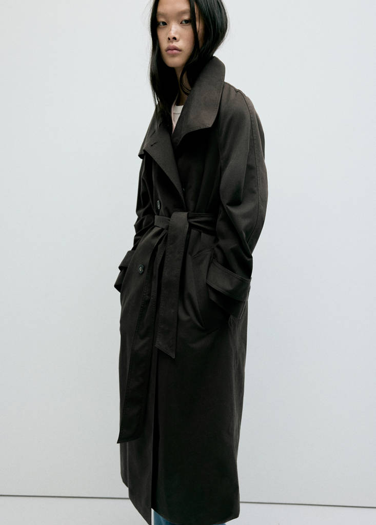 Long funnel neck belted trench coat — Chocolate