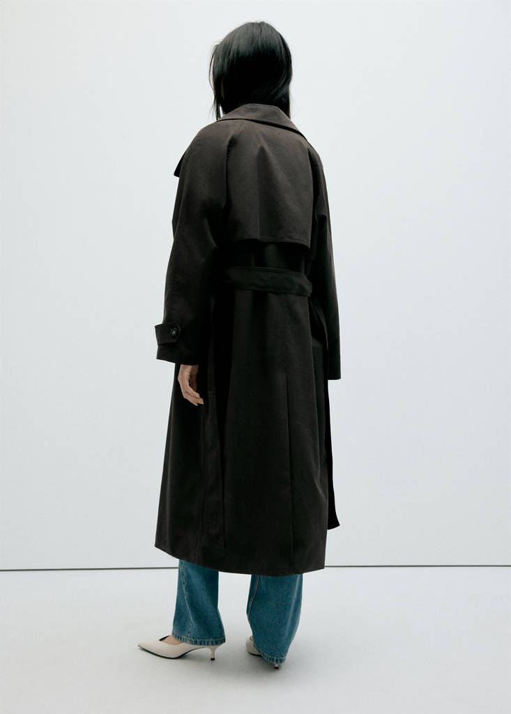 Long funnel neck belted trench coat — Chocolate