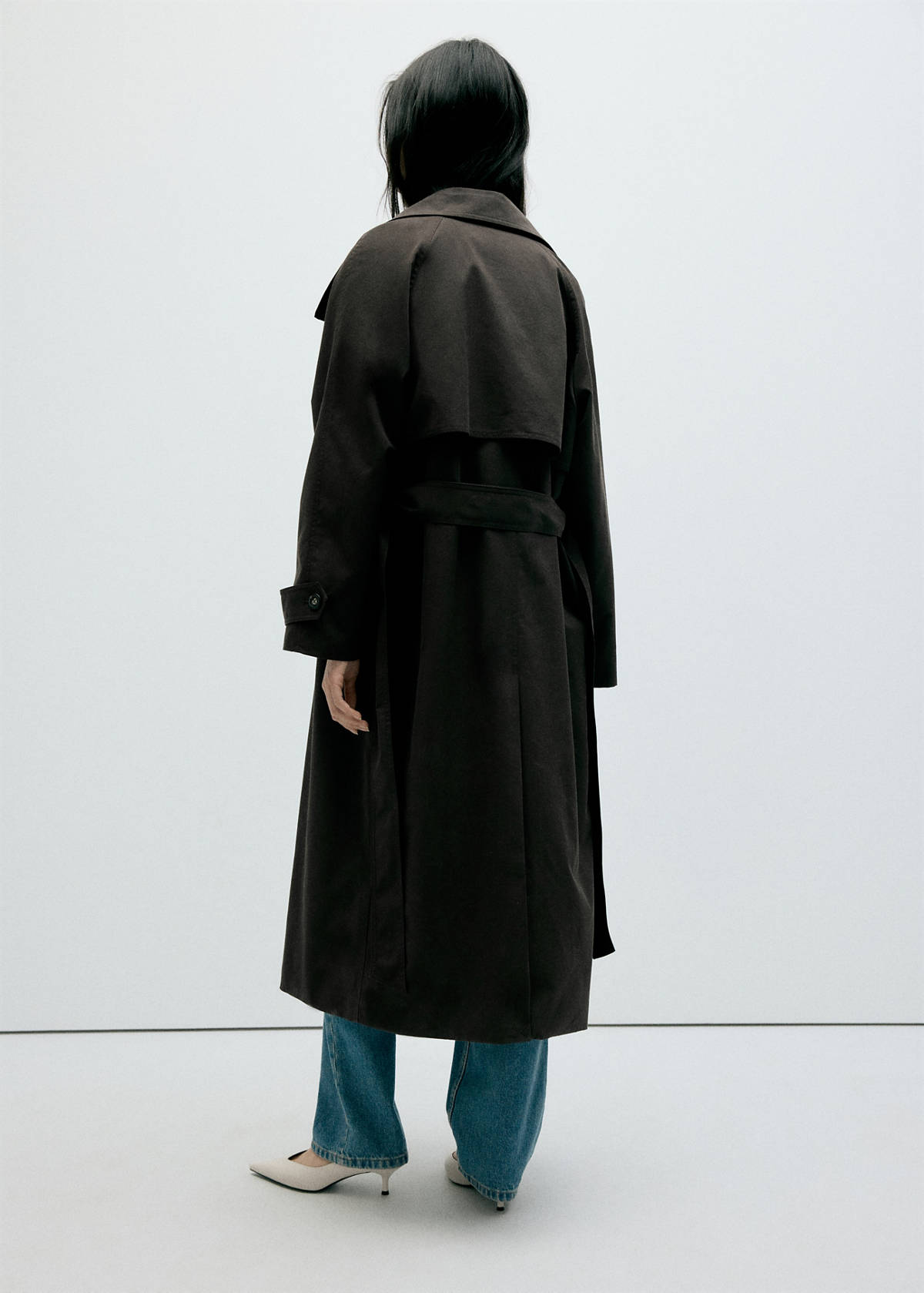Long funnel neck belted trench coat — Chocolate