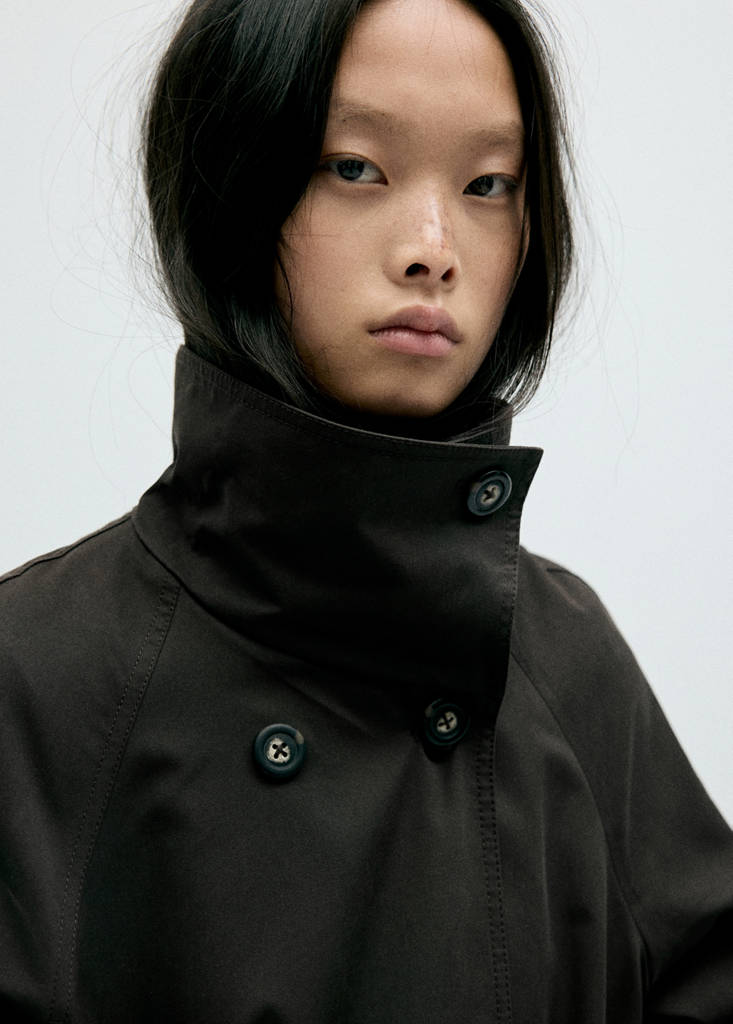 Long funnel neck belted trench coat — Chocolate