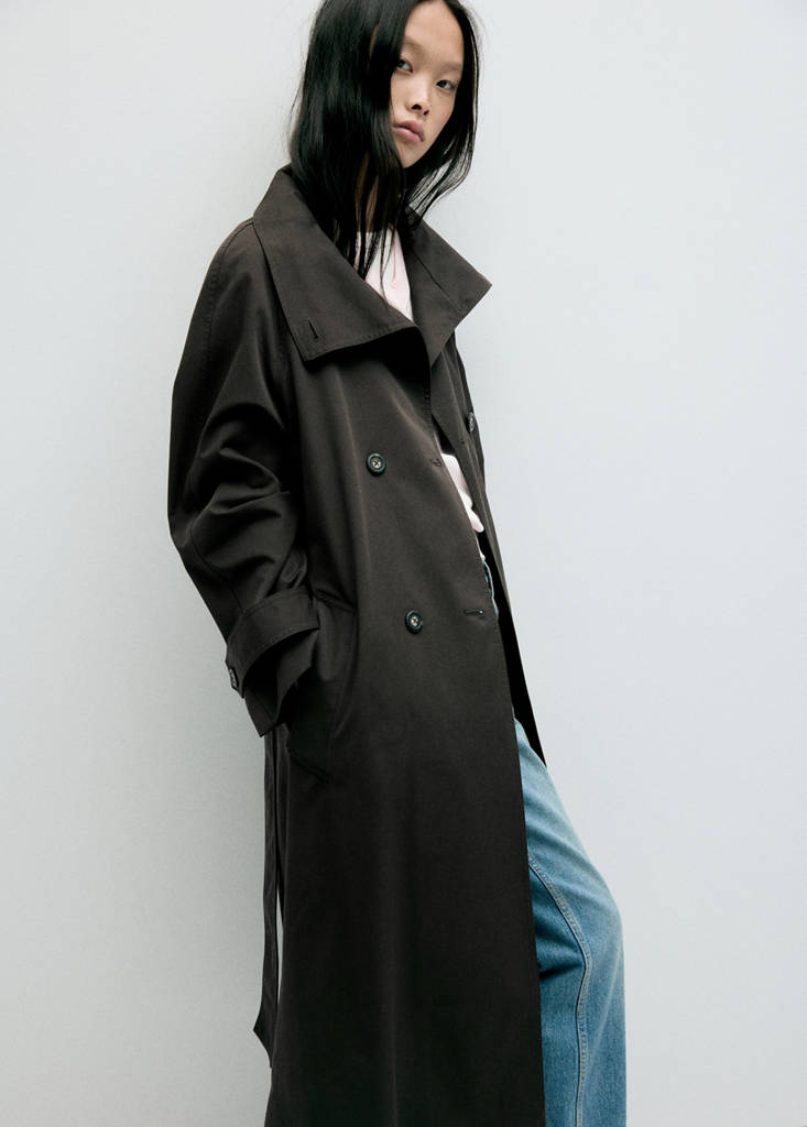 Long funnel neck belted trench coat — Chocolate