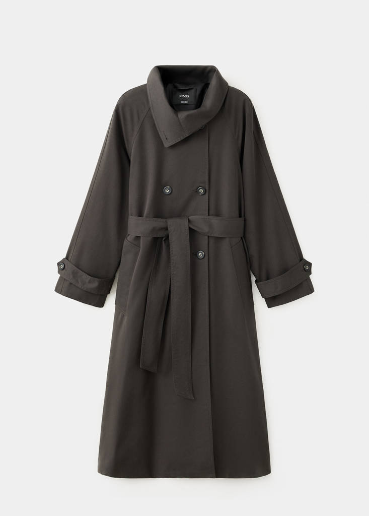 Long funnel neck belted trench coat — Chocolate