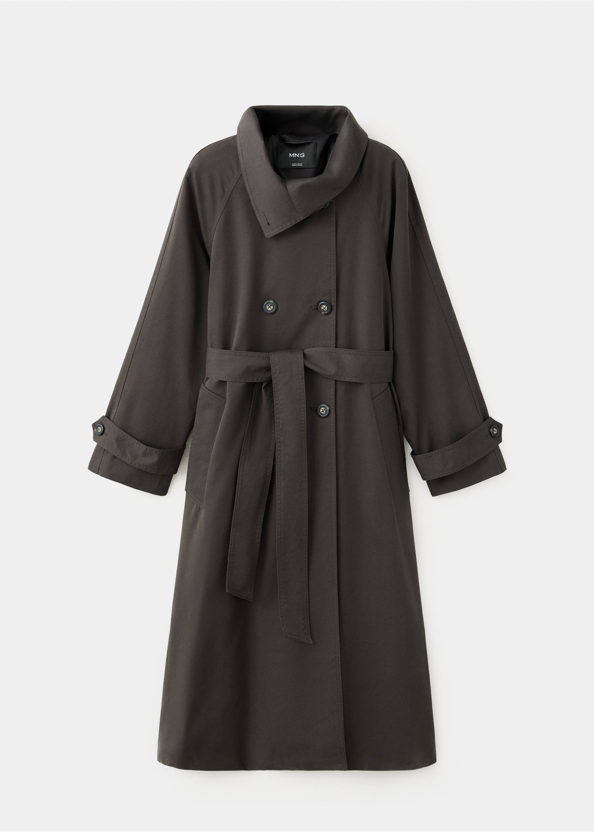 Long funnel neck belted trench coat - Article without model, Chocolate. Ref: 37074787-00.