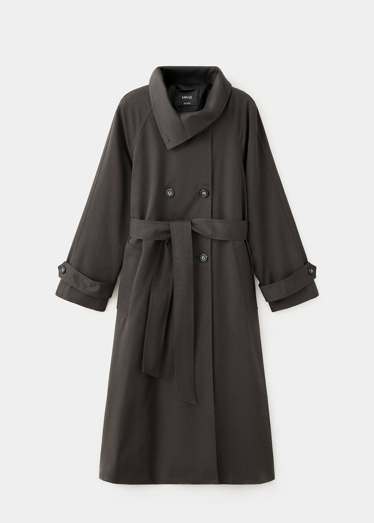 Long funnel neck belted trench coat — Chocolate