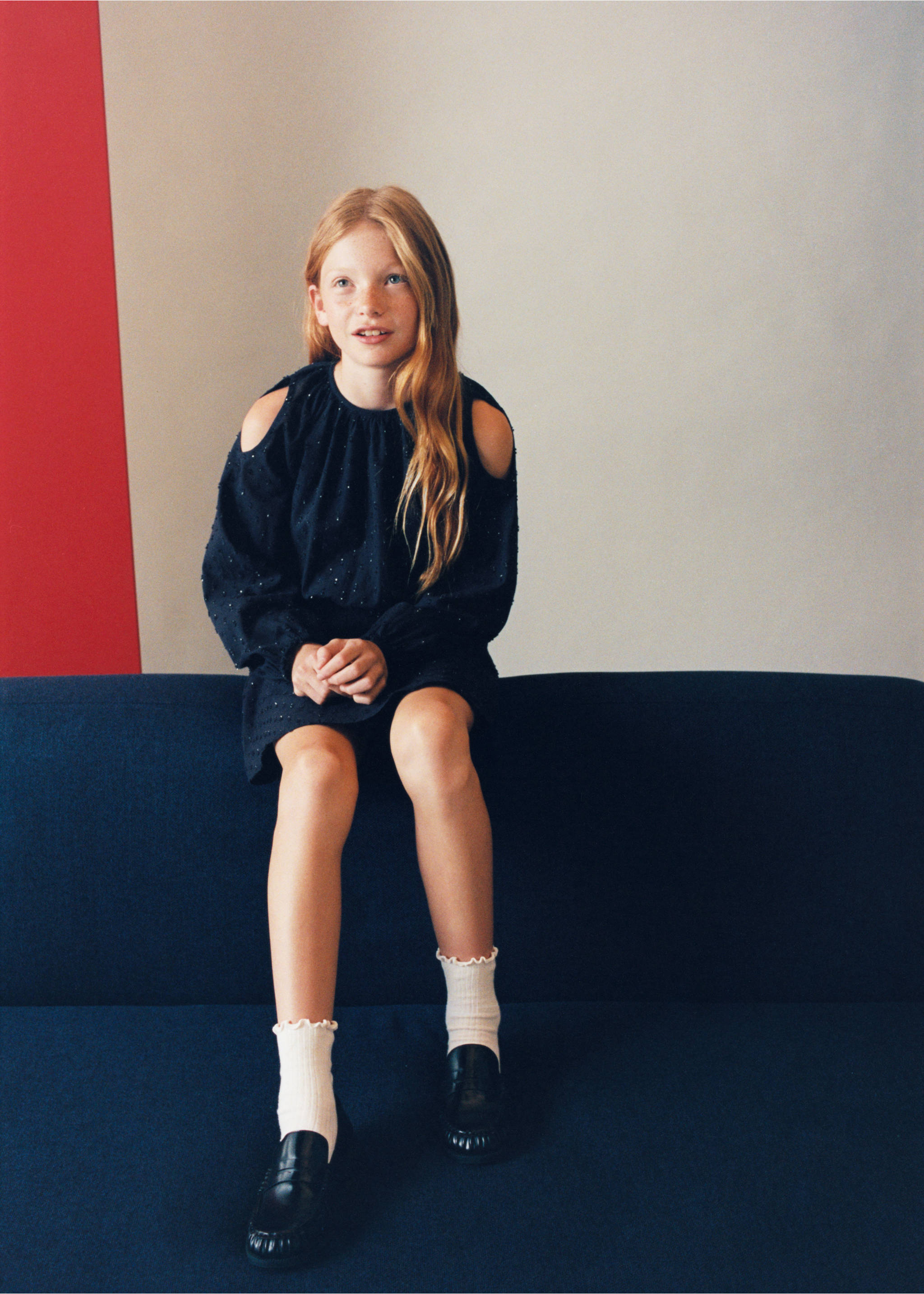 Ruched dress with metallic details - Details of the article 5, Navy. Ref: 37074789-00.