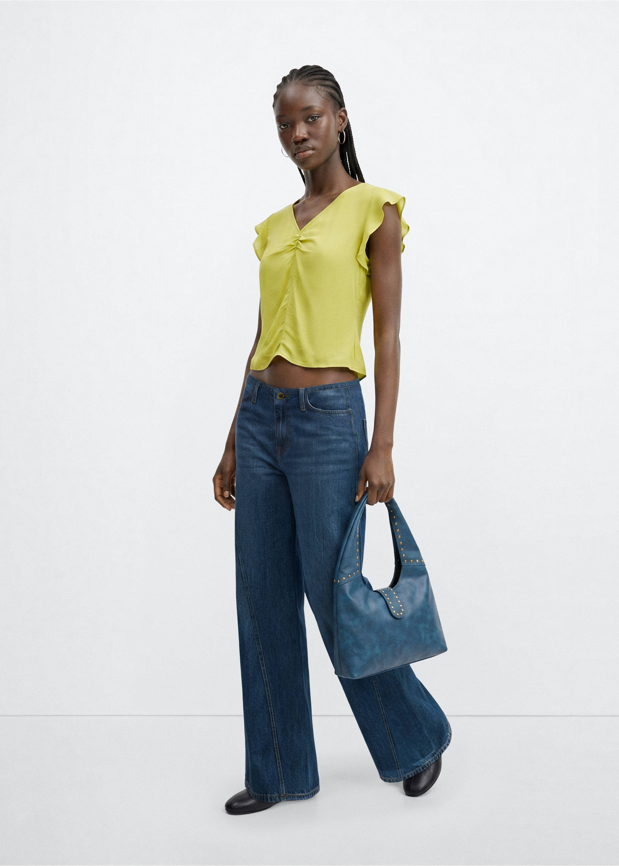 Satin V-neck blouse - General plane, Lime. Ref: 37074790-00.