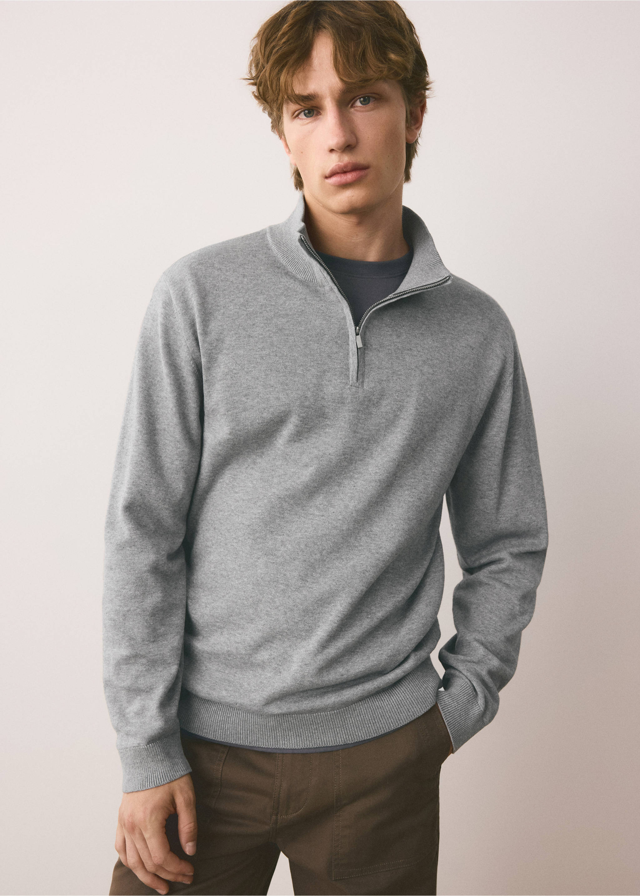 Perkins-neck sweater with zip - Medium plane, Light Heather Grey. Ref: 37074792-00.