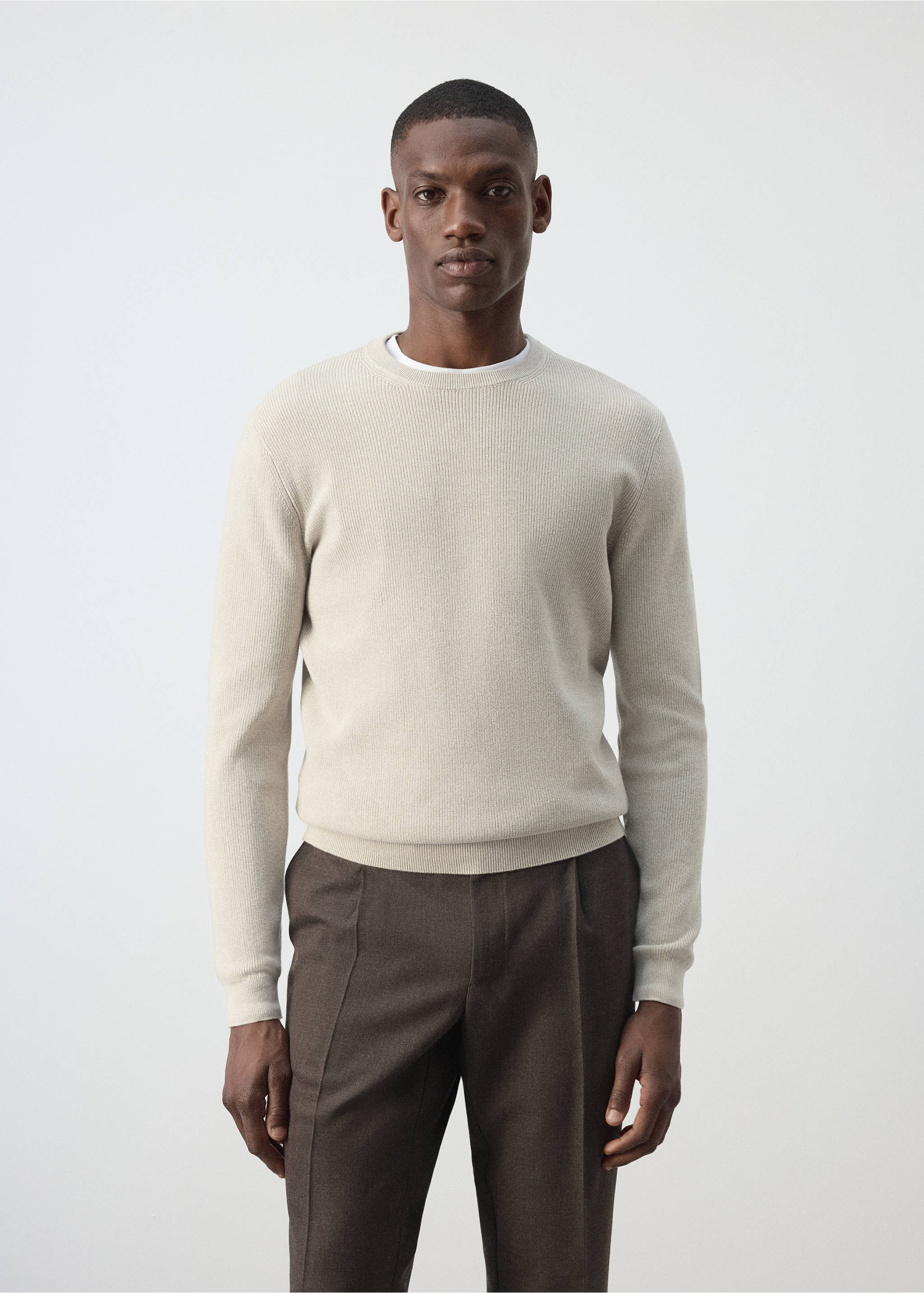 100% fine ribbed cotton sweater - Medium plane, Beige. Ref: 37075154-00.