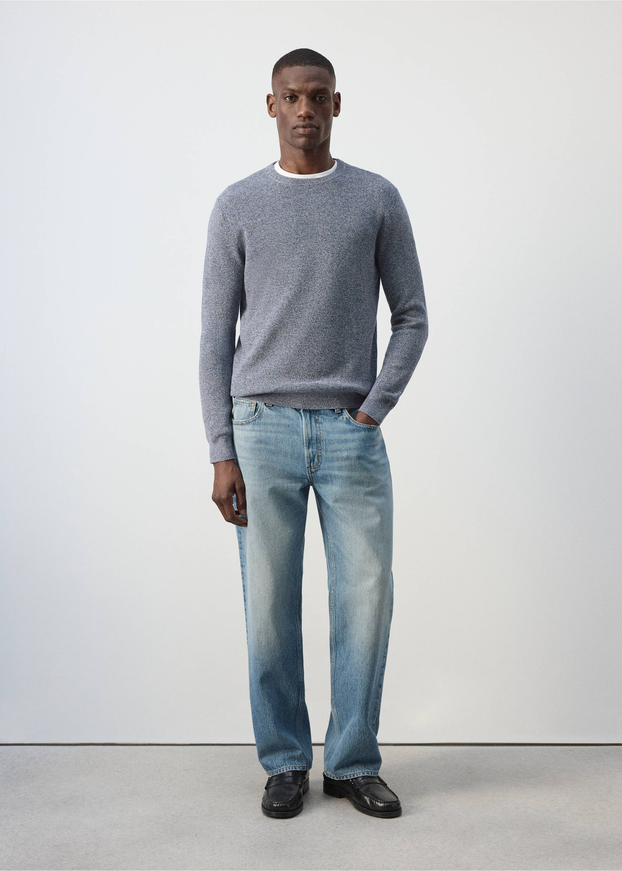 100% fine ribbed cotton sweater - General plane, Blue. Ref: 37075154-00.