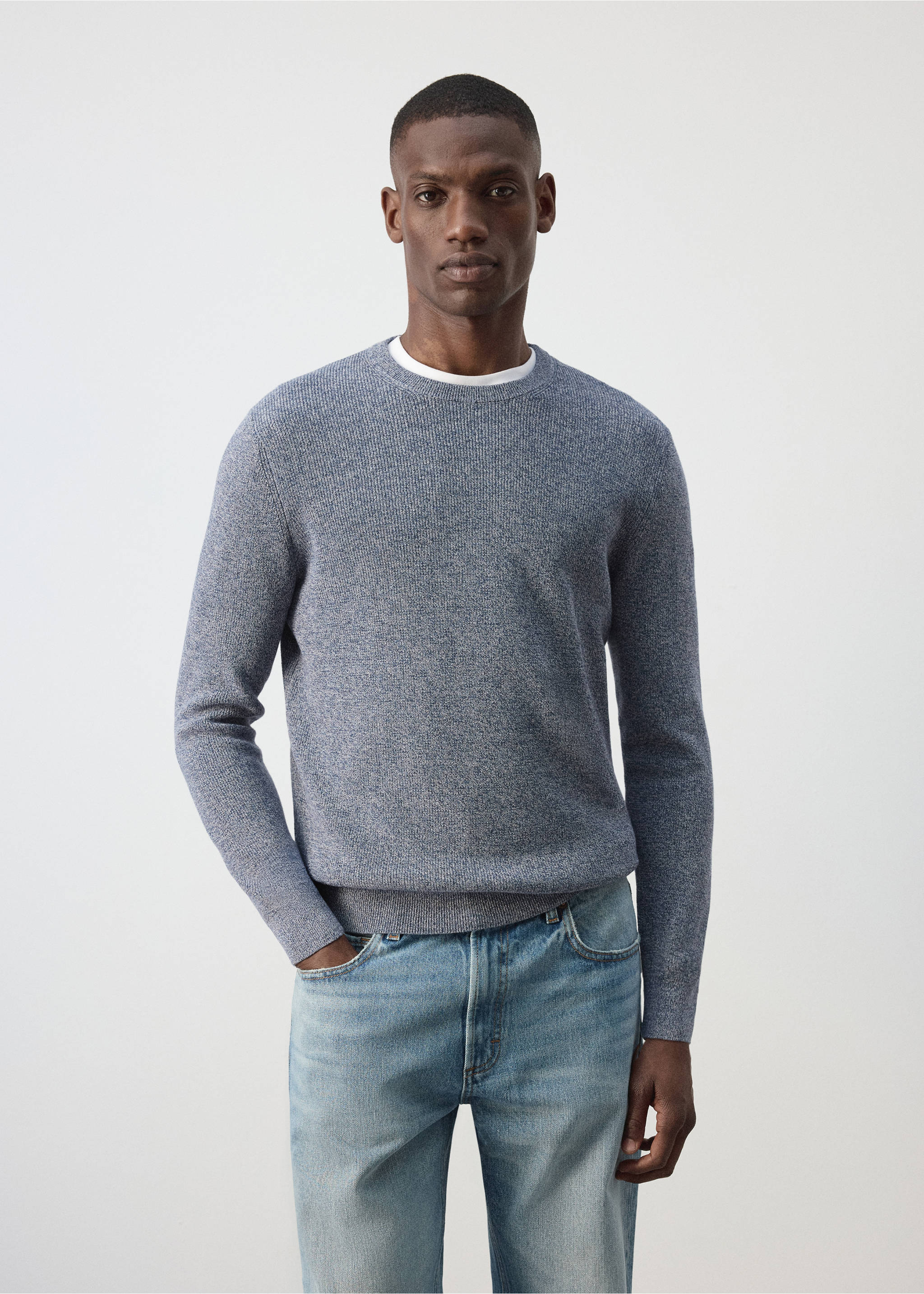 100% fine ribbed cotton sweater - Medium plane, Blue. Ref: 37075154-00.