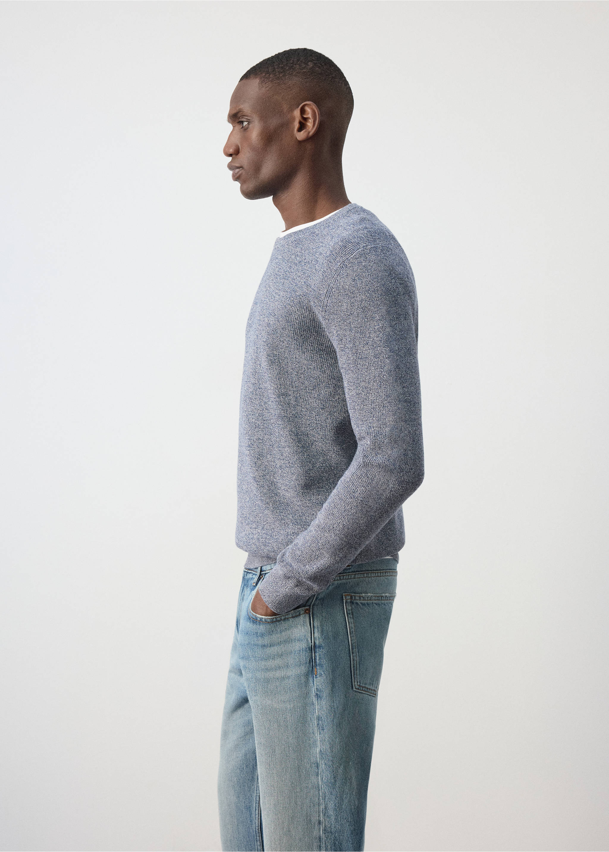 100% fine ribbed cotton sweater - Details of the article 2, Blue. Ref: 37075154-00.