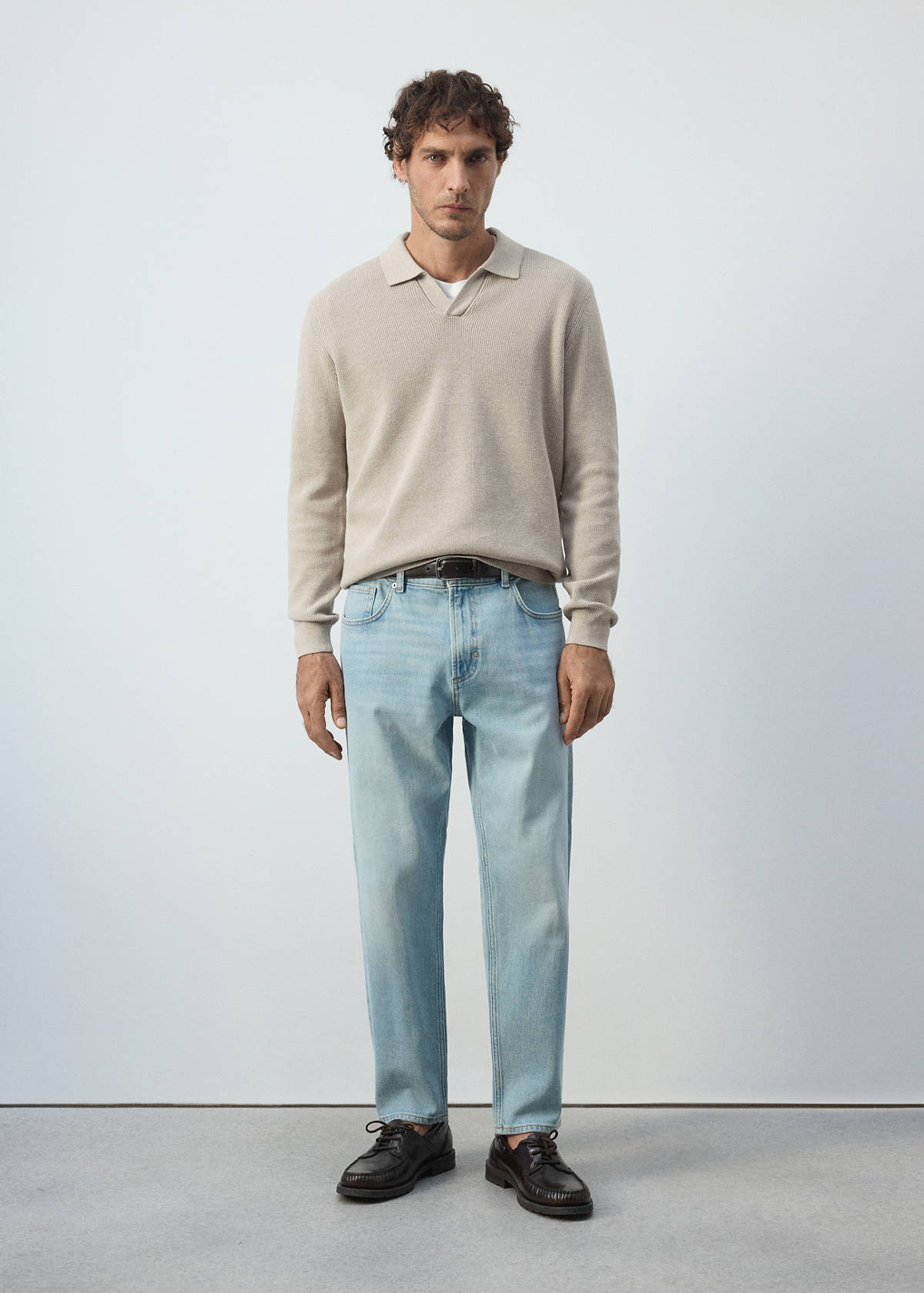 Ribbed cotton polo sweater — Beige