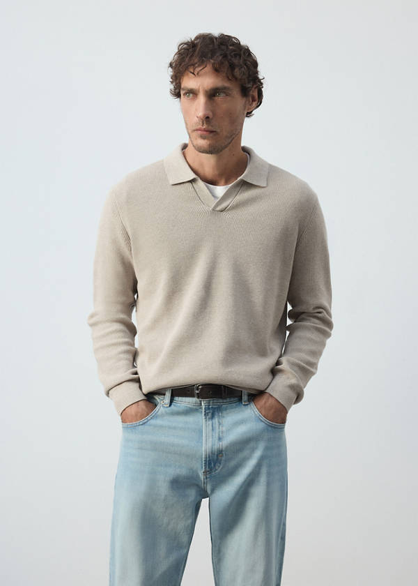 Ribbed cotton polo sweater — Beige