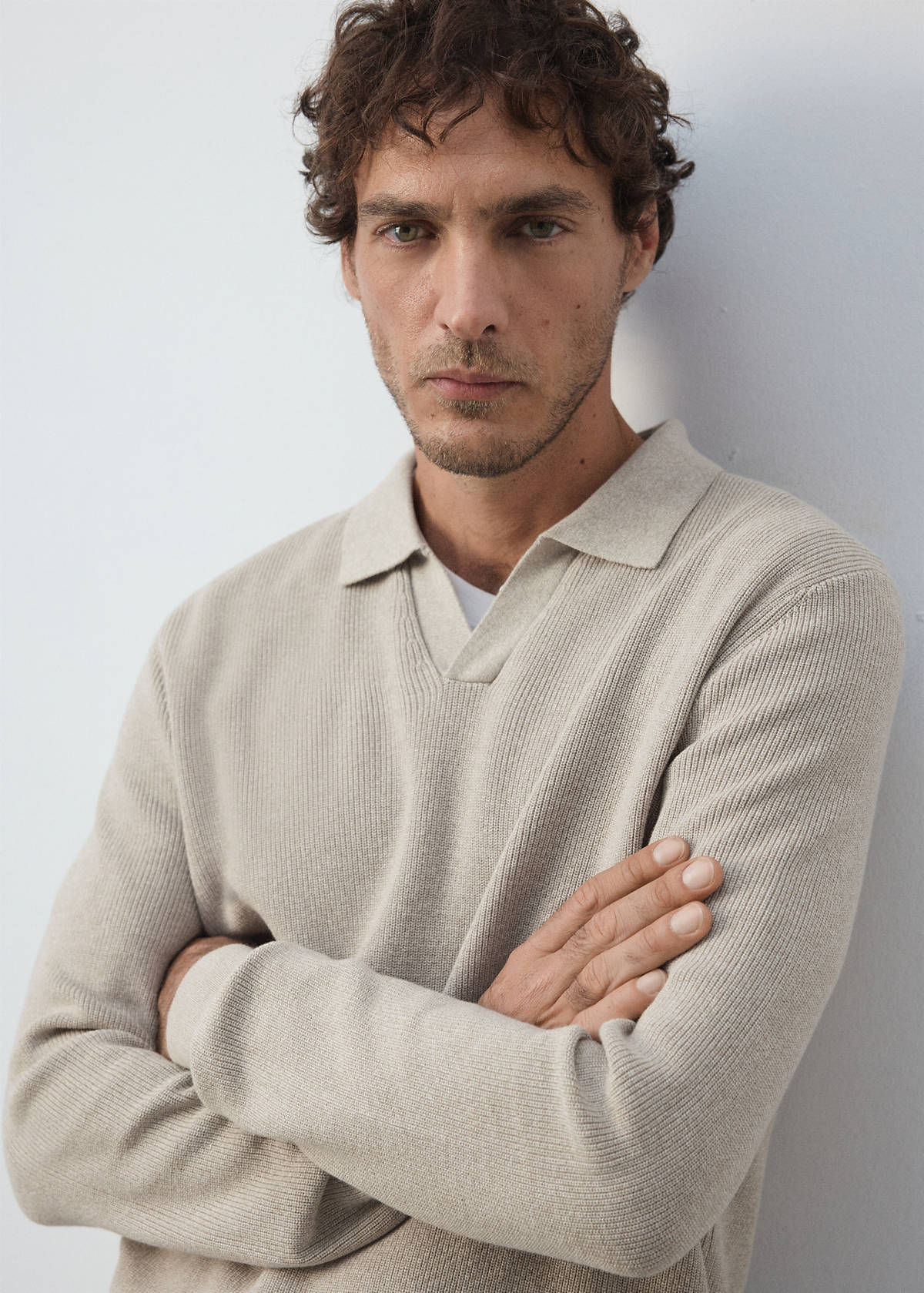 Ribbed cotton polo sweater — Beige