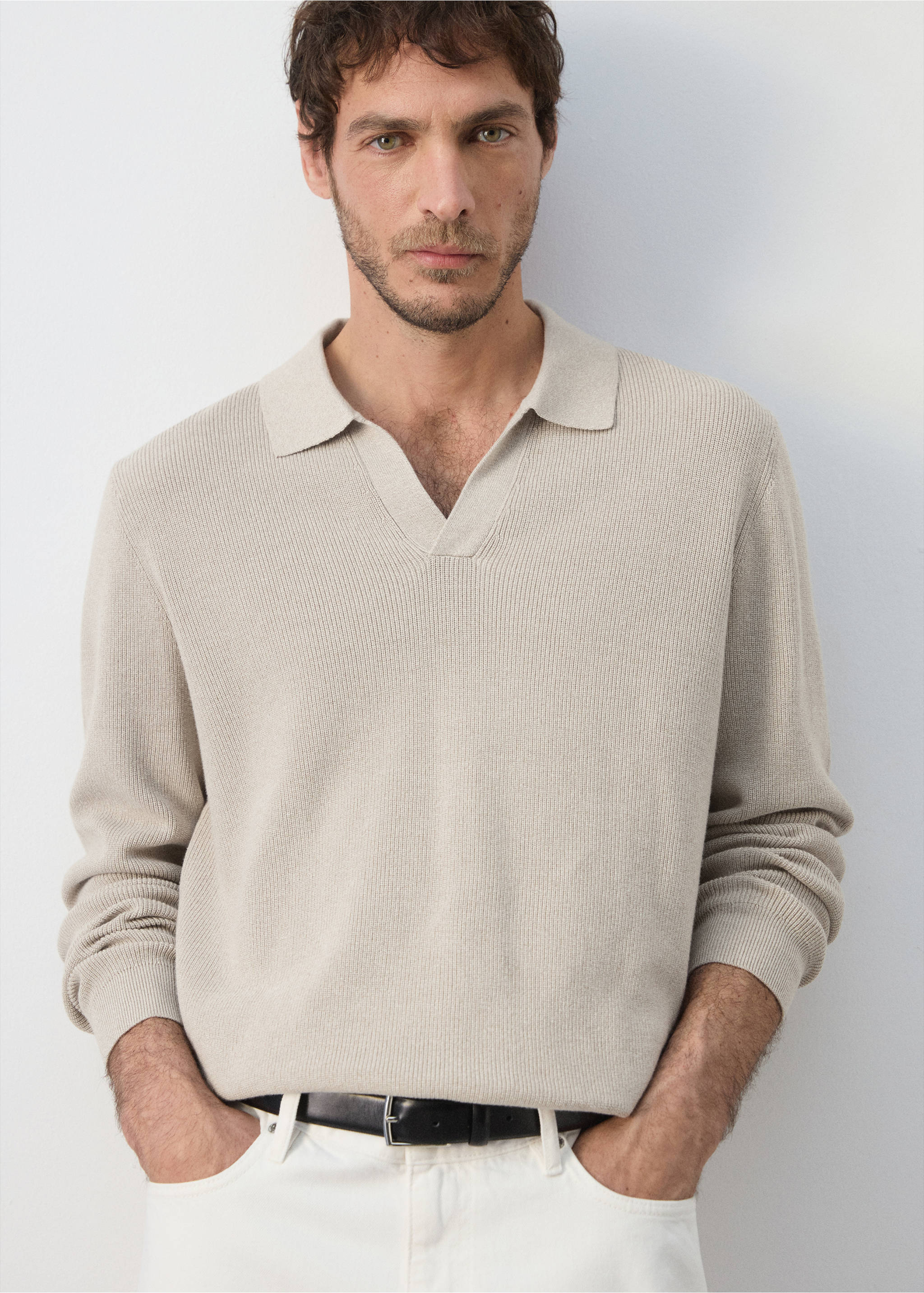 100% cotton knitted polo shirt - Details of the article 3, Beige. Ref: 37075157-00.