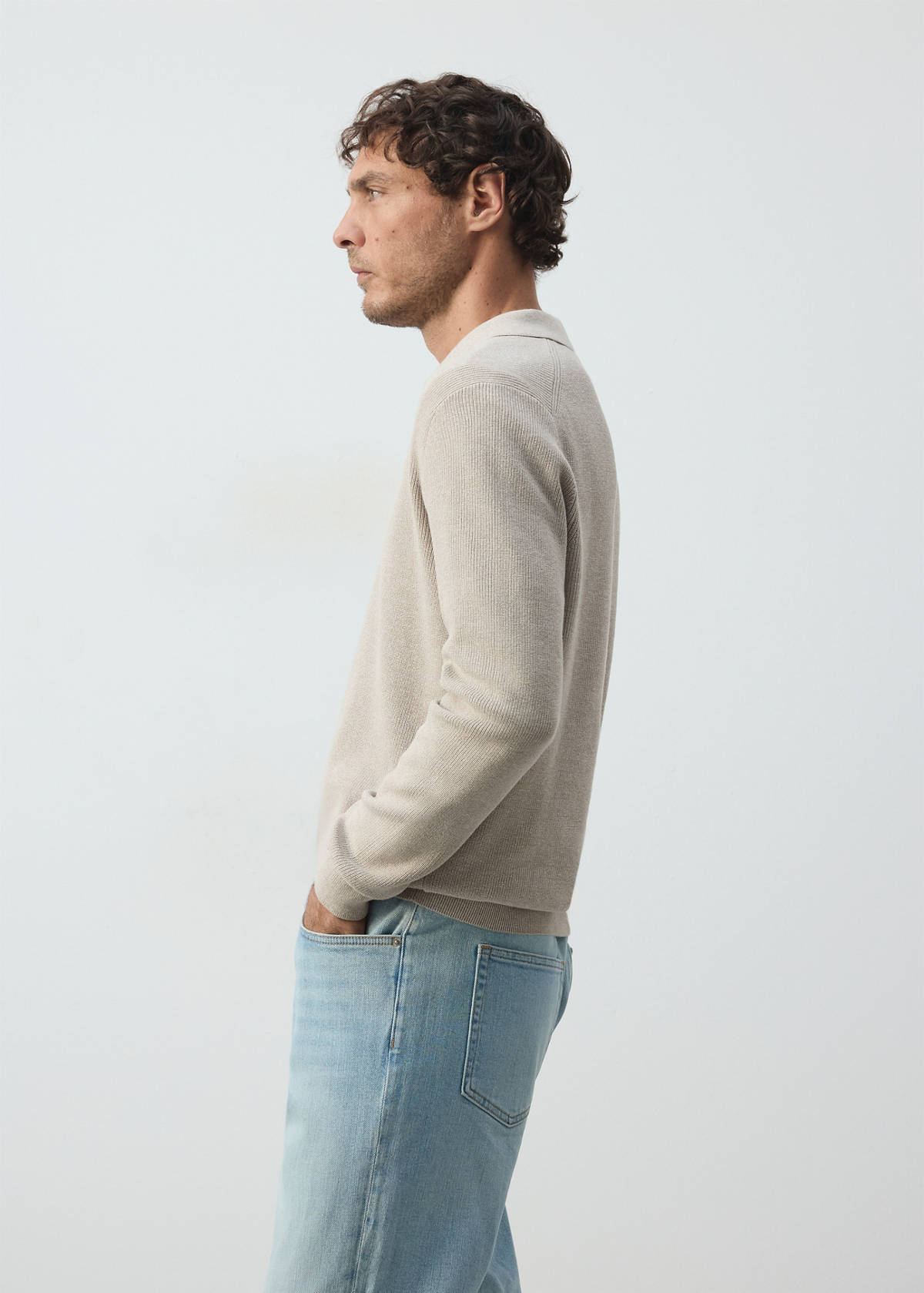 Ribbed cotton polo sweater — Beige