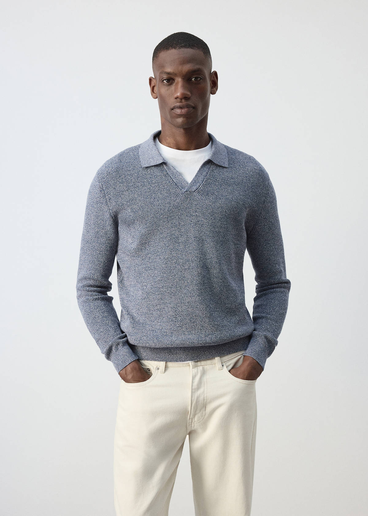 Ribbed cotton polo sweater — Blue