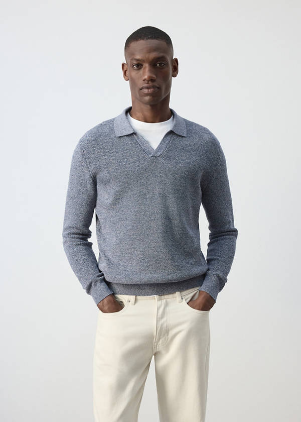 Ribbed cotton polo sweater — Blue