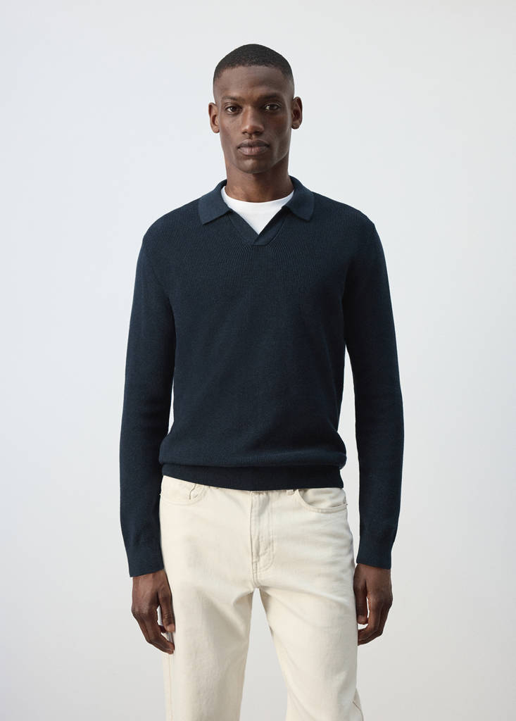 Ribbed cotton polo sweater — Navy