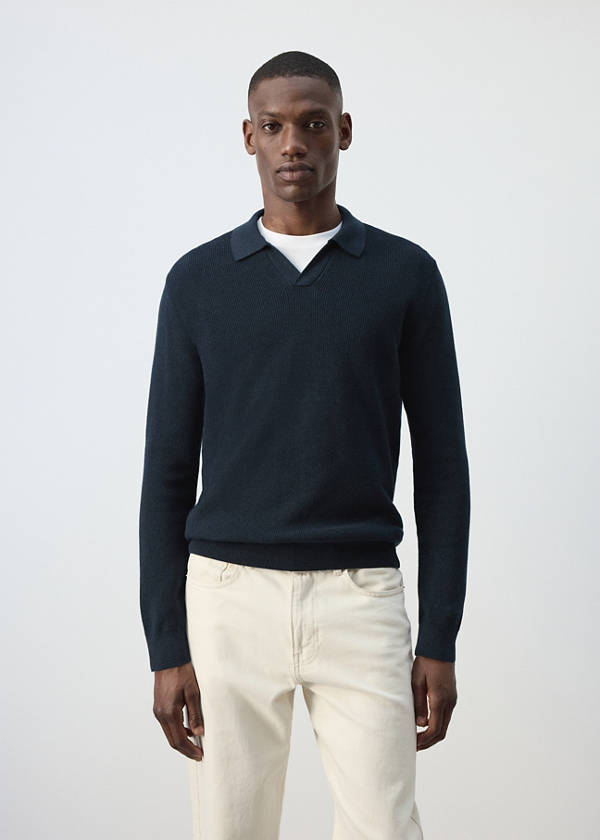 Ribbed cotton polo sweater — Navy