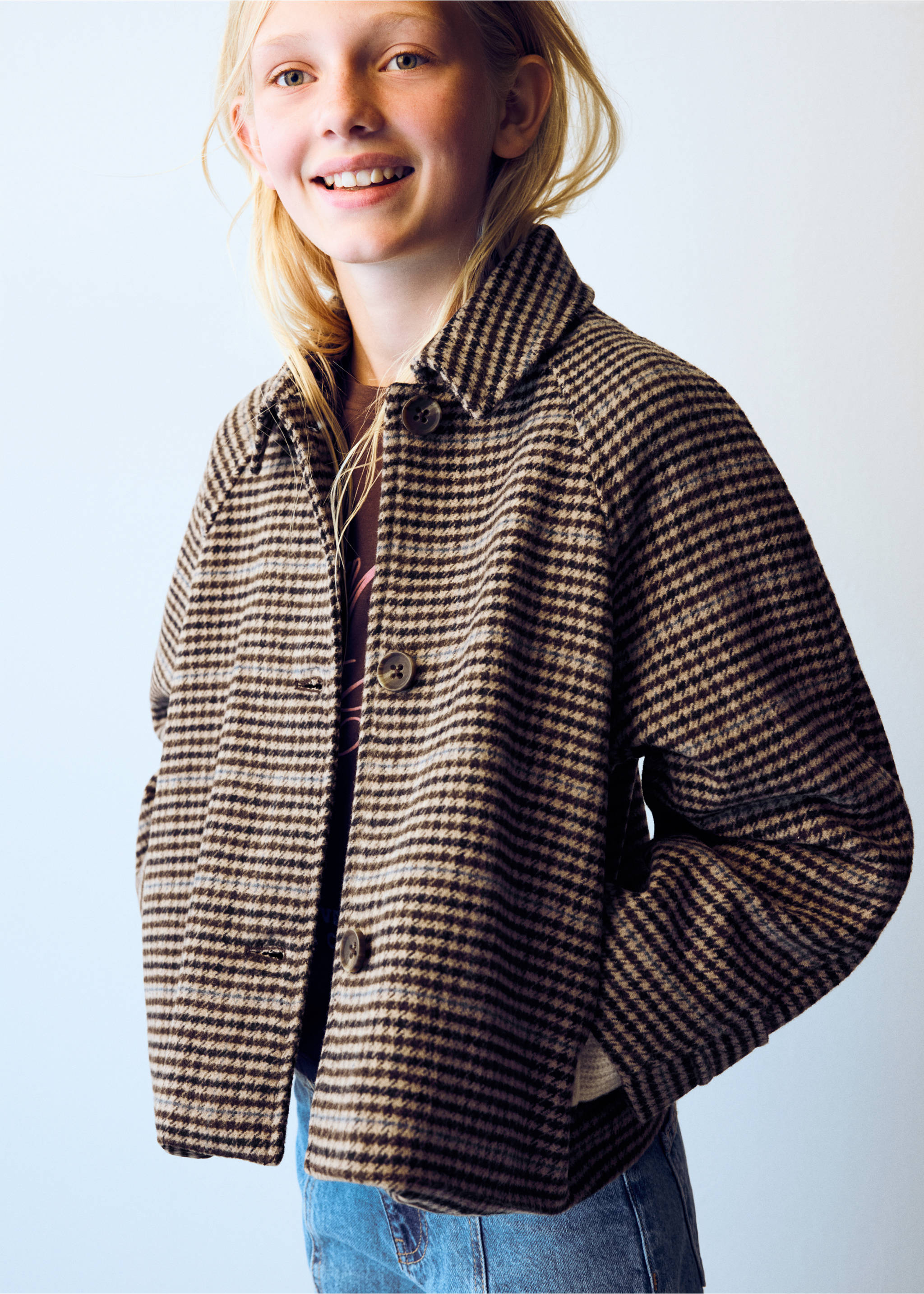 Houndstooth coat with wool - Medium plane, Brown. Ref: 37075159-00.