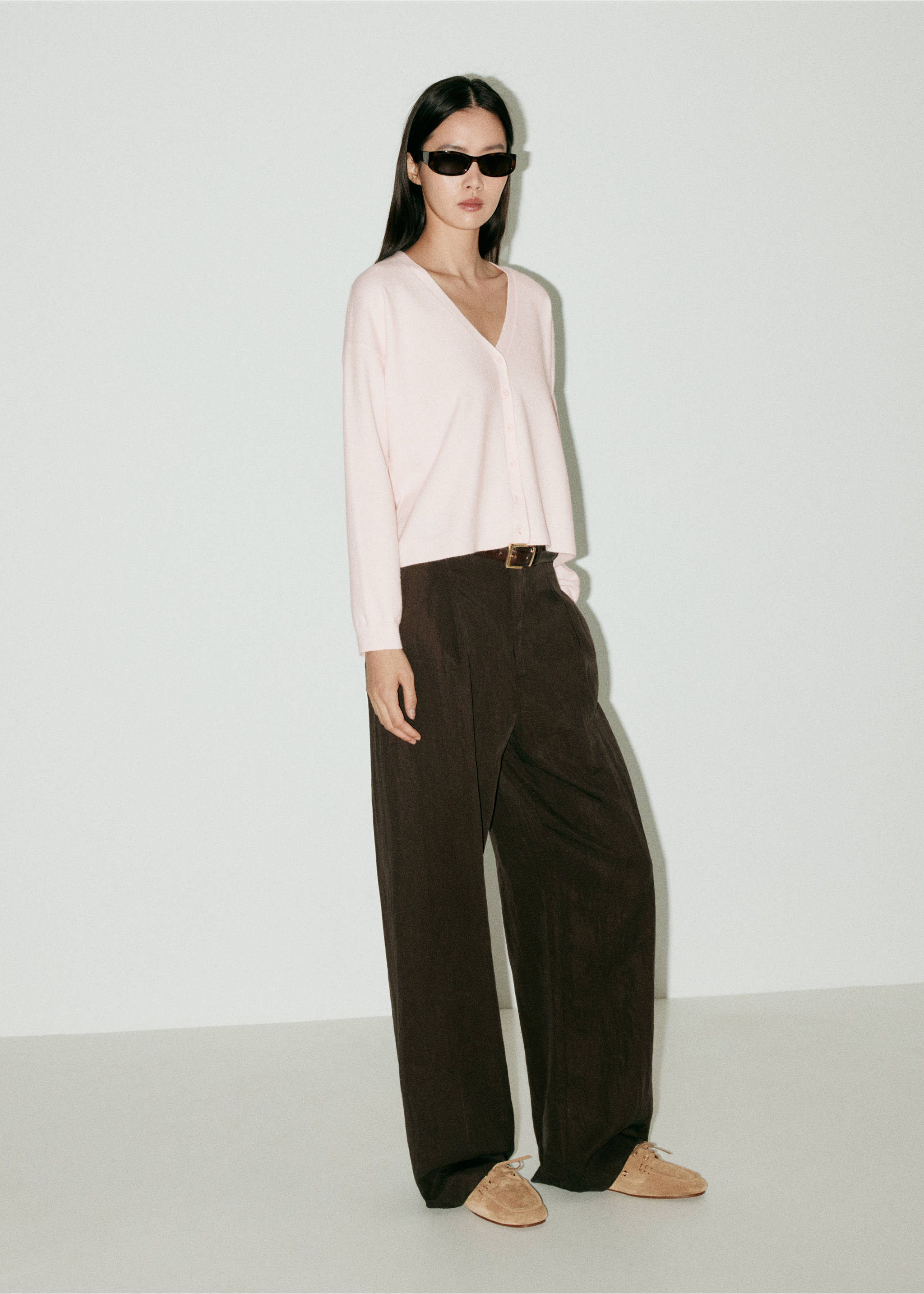 Button-front V-neck cardigan - General plane, Pastel Pink. Ref: 37075836-00.