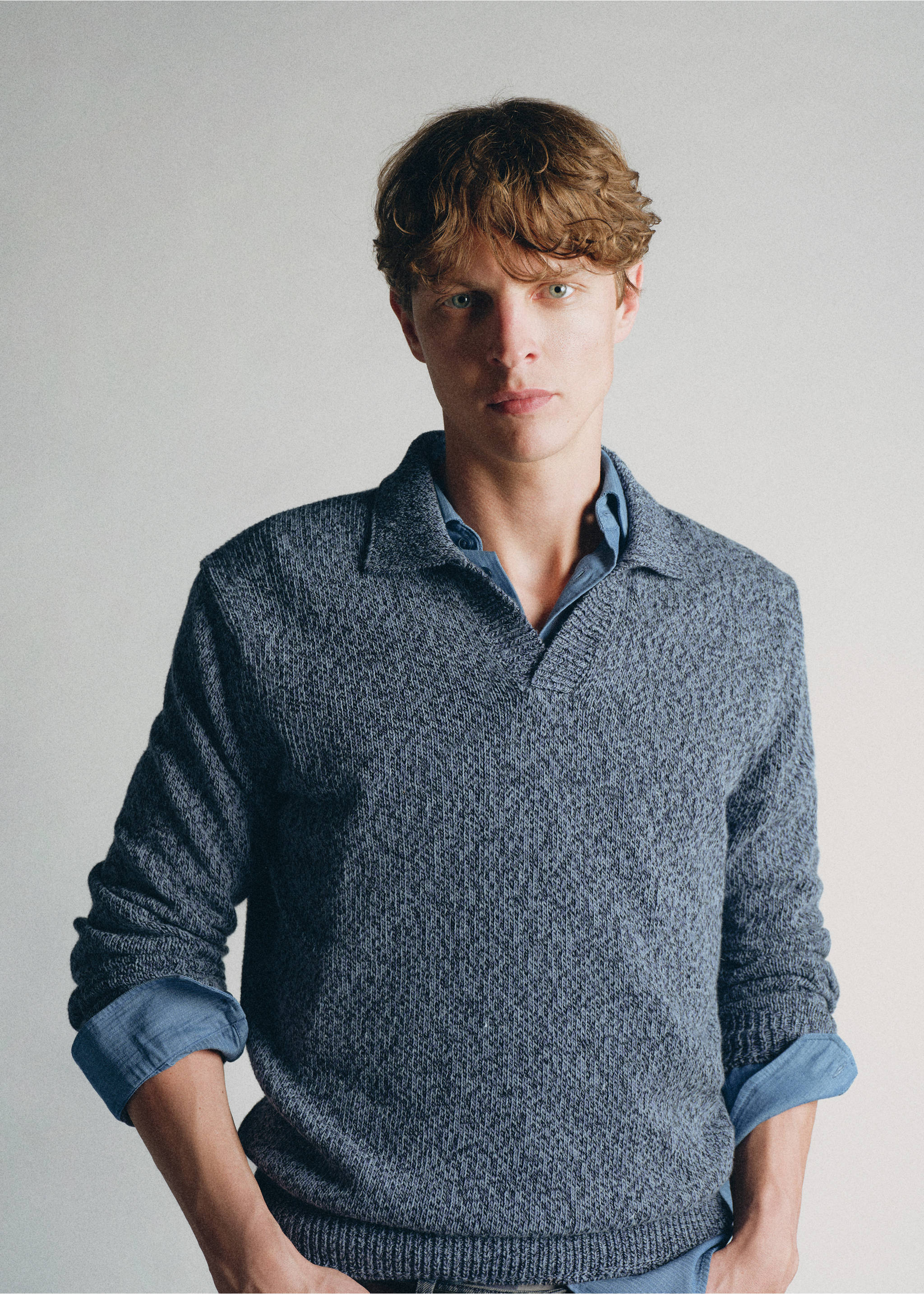 100% cotton knitted polo shirt, made in Italy - Details of the article 4, Indigo Blue. Ref: 37075840-00.