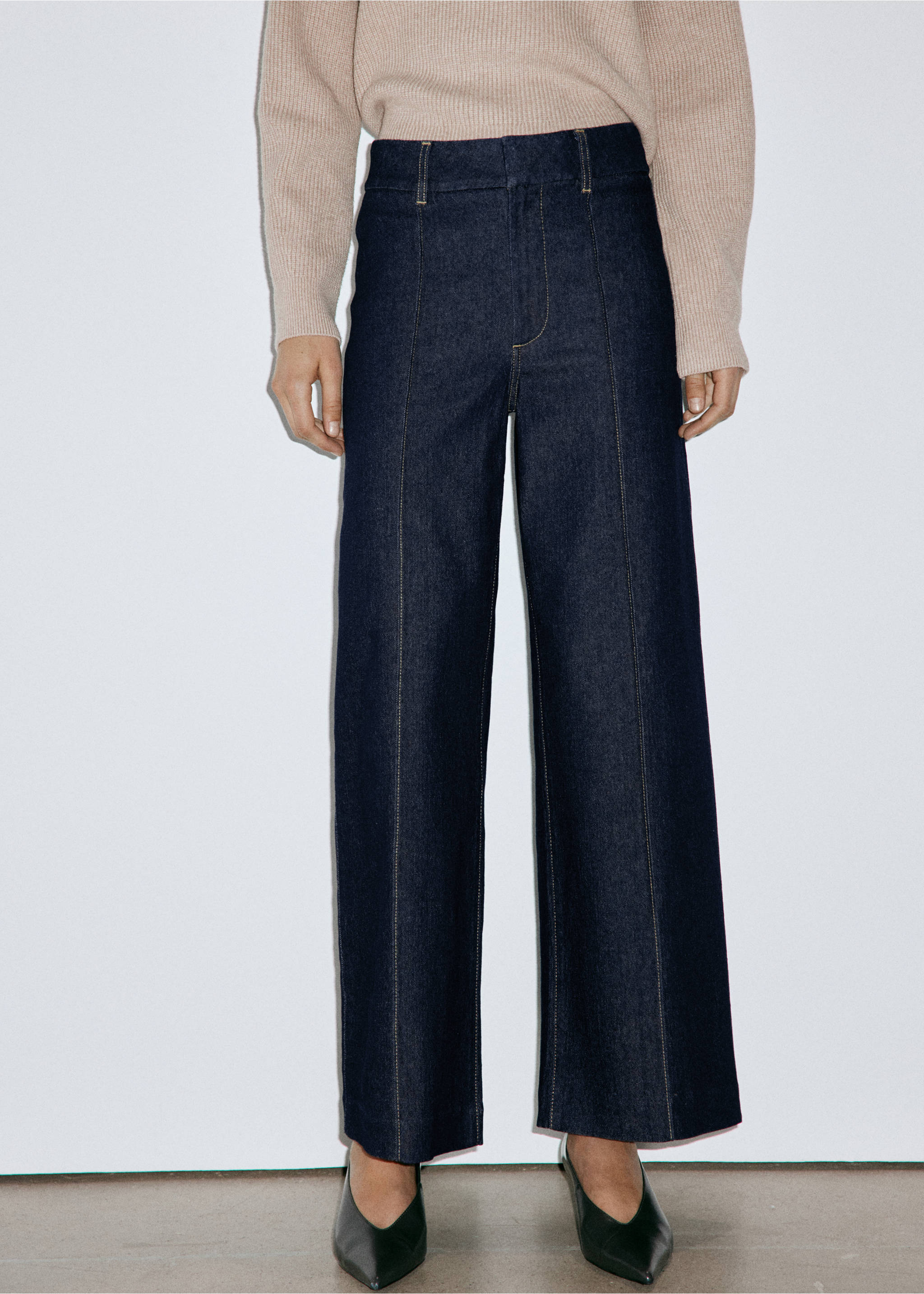 High-waisted wide leg jeans with stitching - Medium plane, Open Blue. Ref: 37075842-00.
