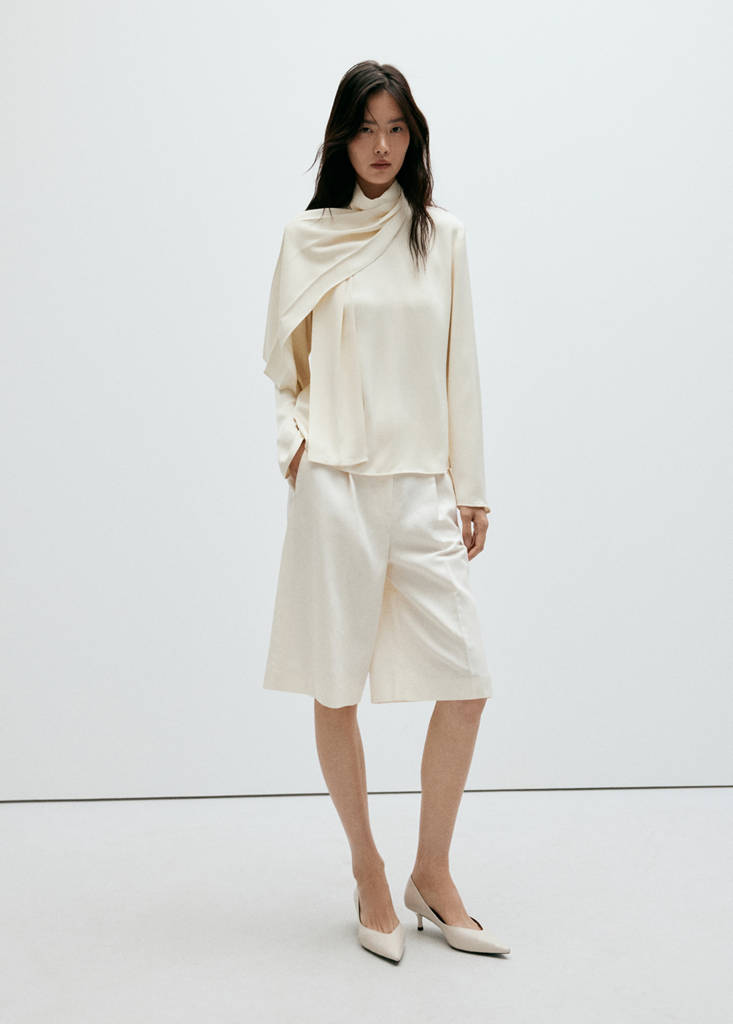 High-neck blouse with scarf detail — Ecru
