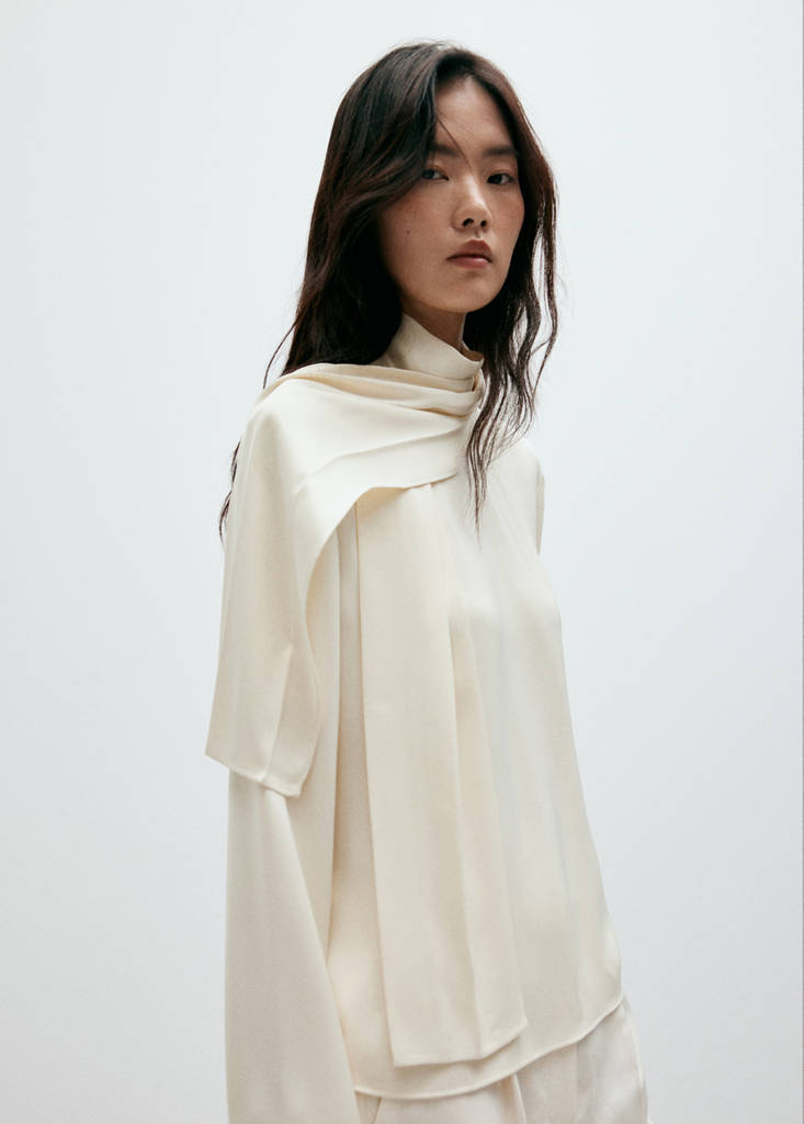 High-neck blouse with scarf detail — Ecru