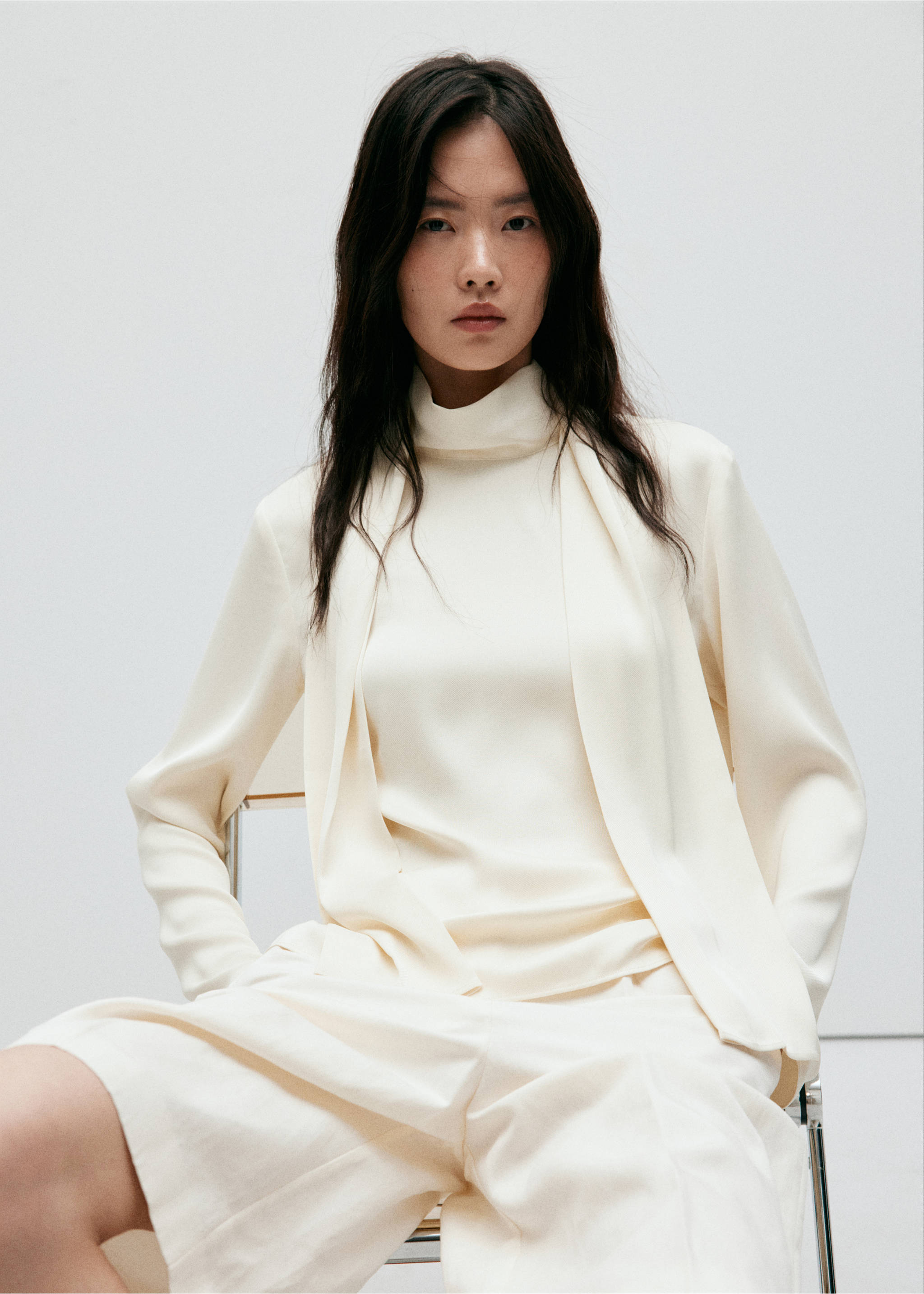 High-neck blouse with scarf detail - Details of the article 1, Ecru. Ref: 37075846-00.
