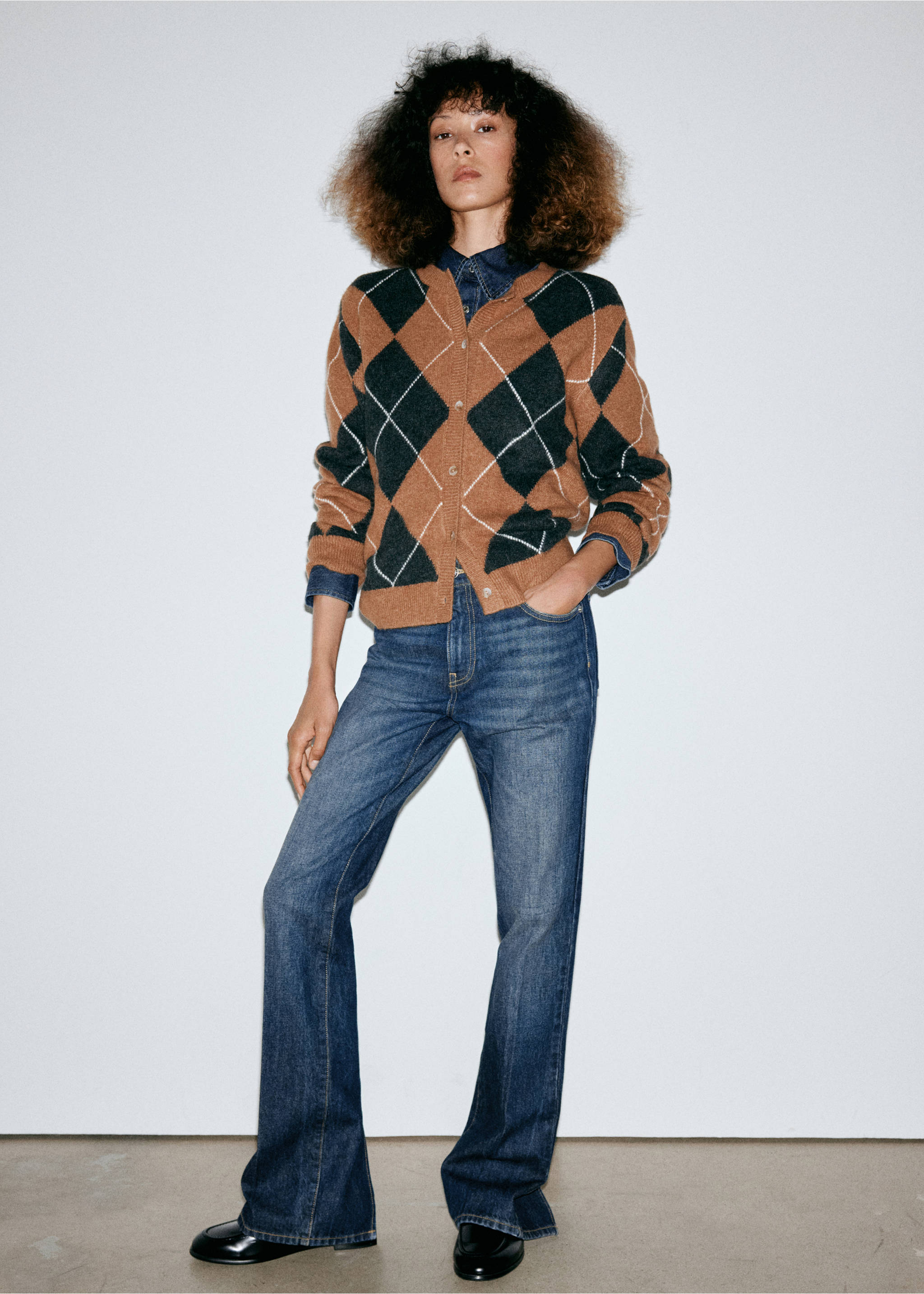 Blue denim trousers worn with a patterned cardigan and denim shirt, Dark Blue. Ref: 37075850-01.