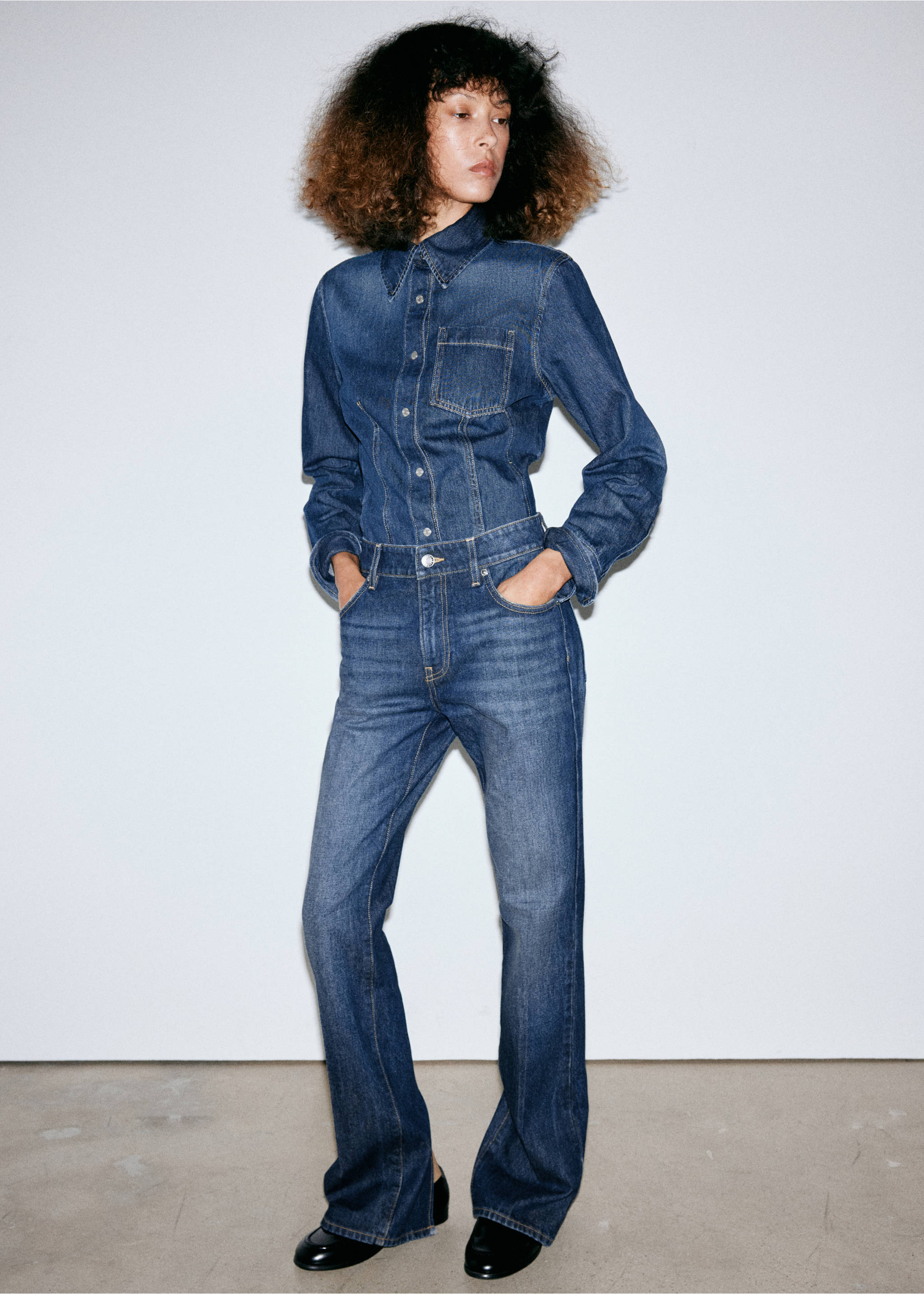 Dark blue denim shirt and trousers set with a pointed collar and front pockets., Dark Blue. Ref: 37075850-01.