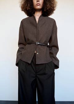 Jacket with stand-up collar and belt — Brown 1