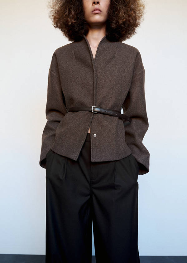 Jacket with stand-up collar and belt — Brown