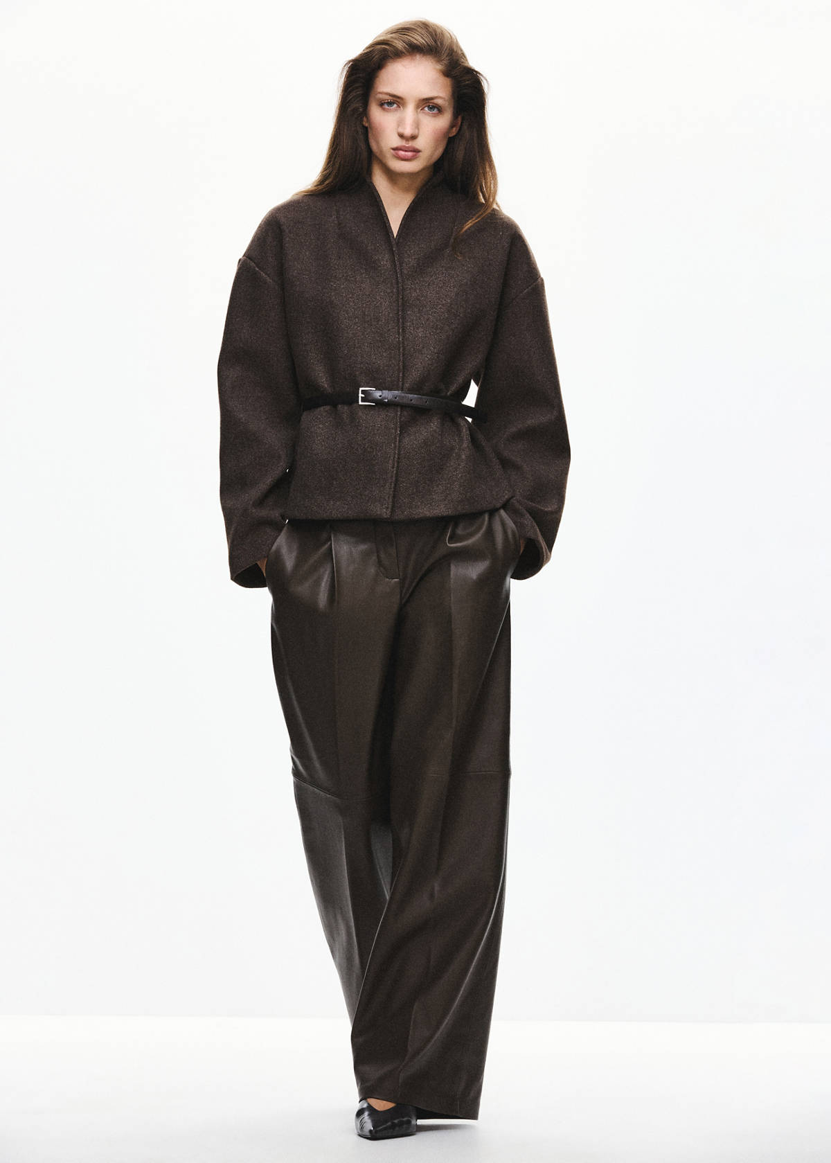 Jacket with stand-up collar and belt — Brown
