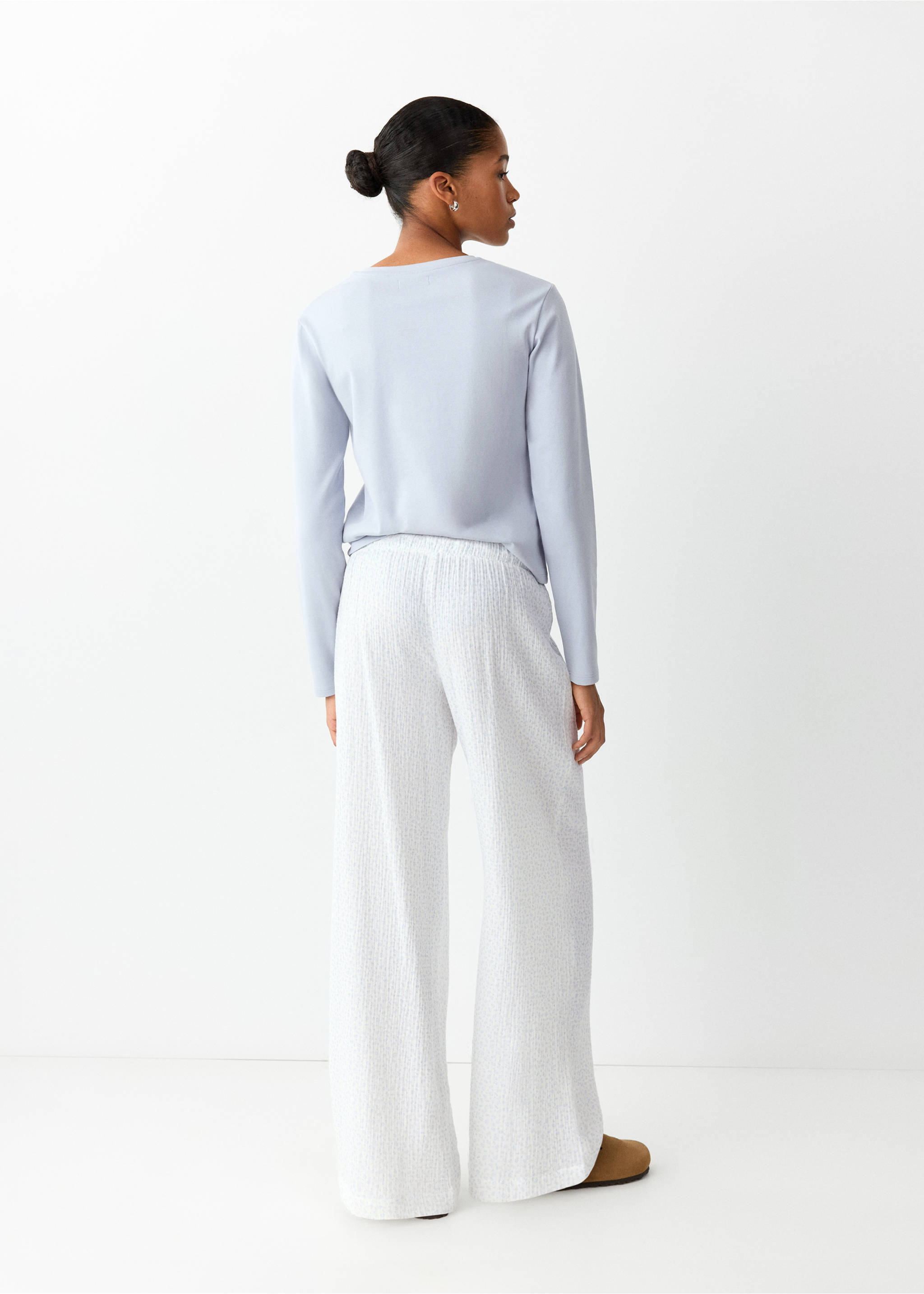 Back view of a light blue long-sleeved pyjama top and white trousers., Aqua Green. Ref: 37075855-00.