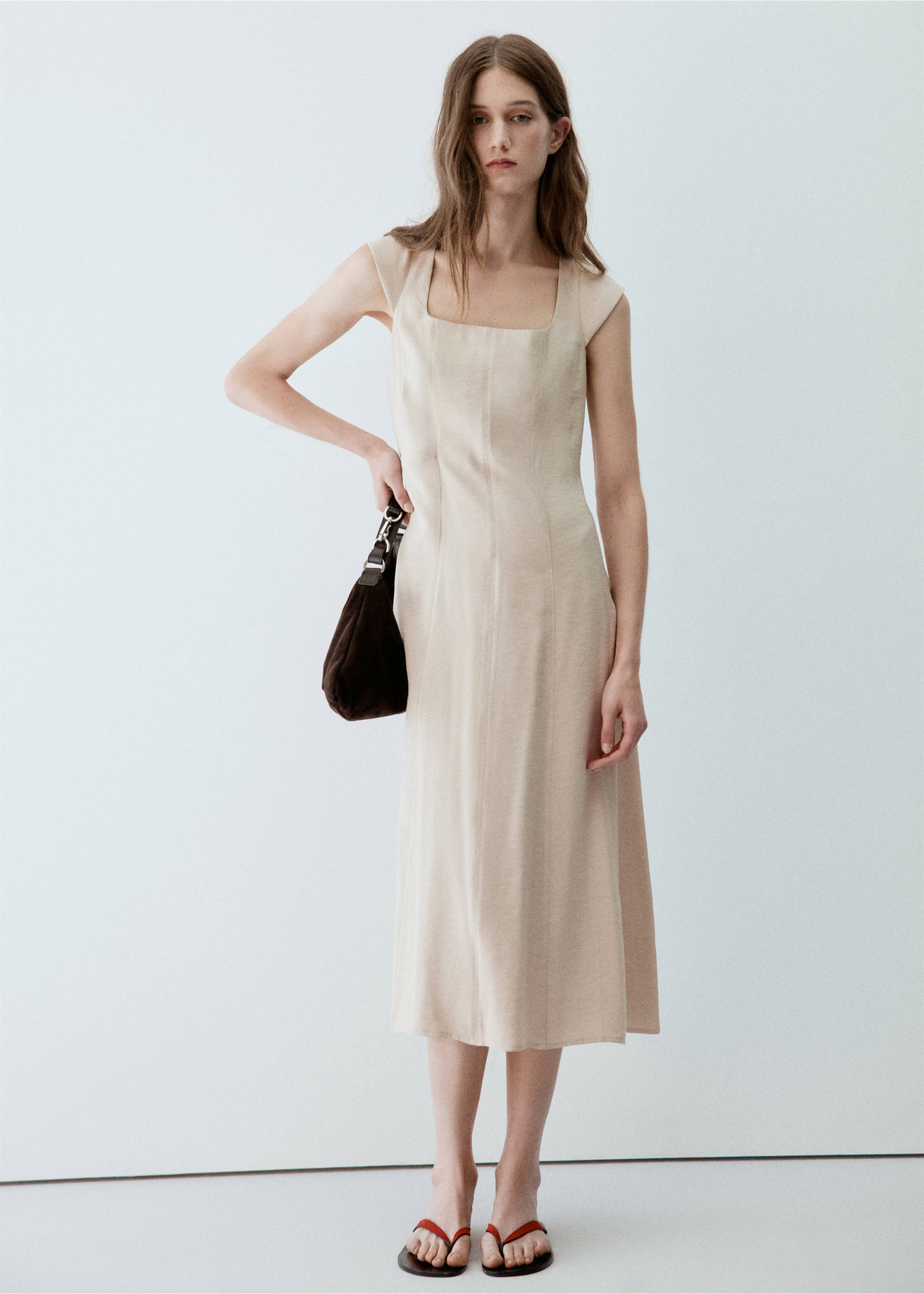Squared neckline dress - General plane, Beige. Ref: 37075861-00.