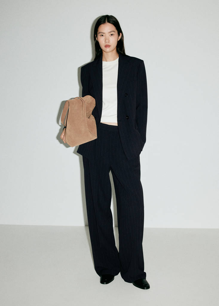 Pinstripe pleated trousers — Navy