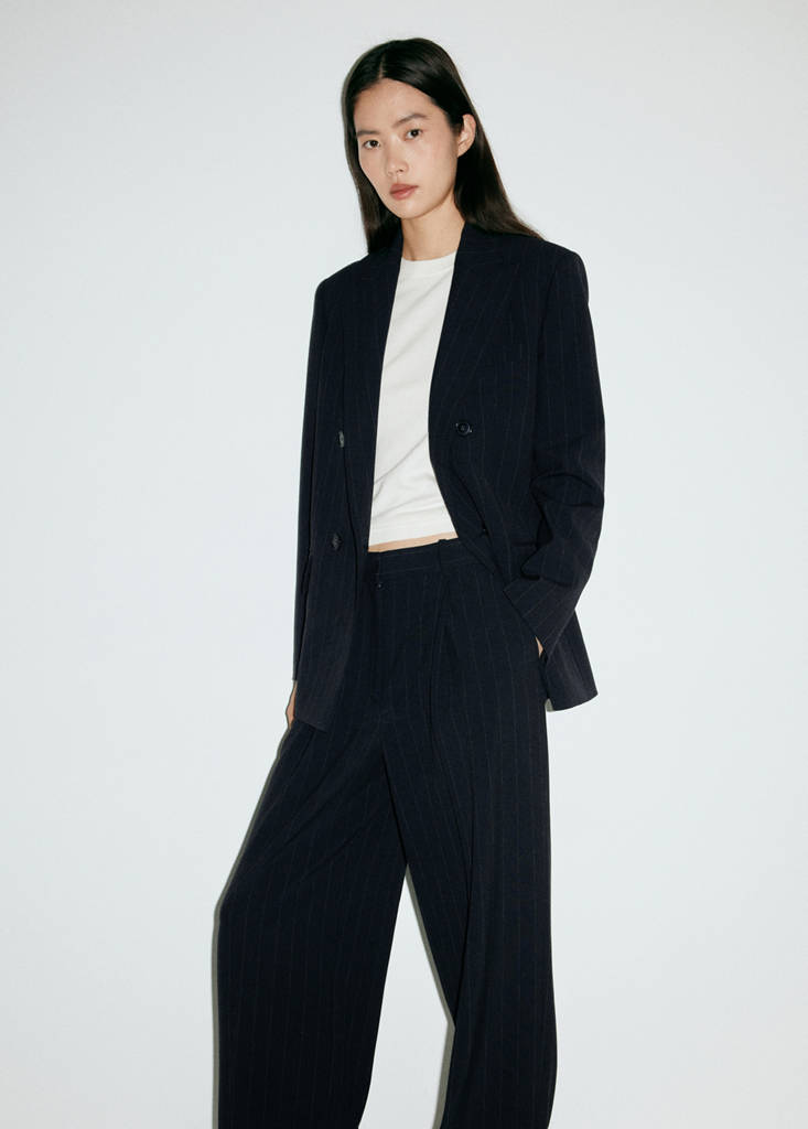 Pinstripe pleated trousers — Navy