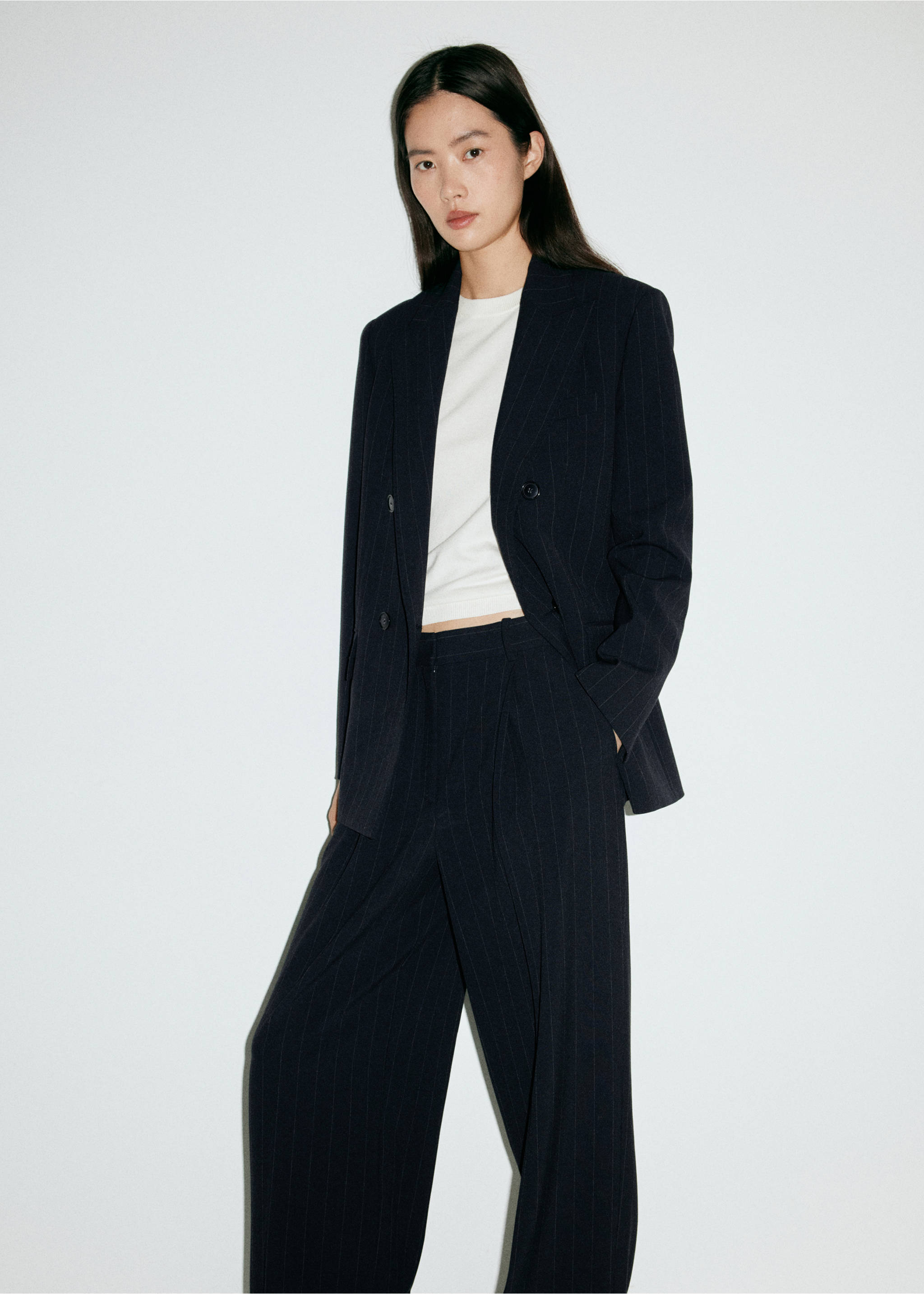 Pinstripe pleated trousers - Details of the article 3, Navy. Ref: 37075865-00.