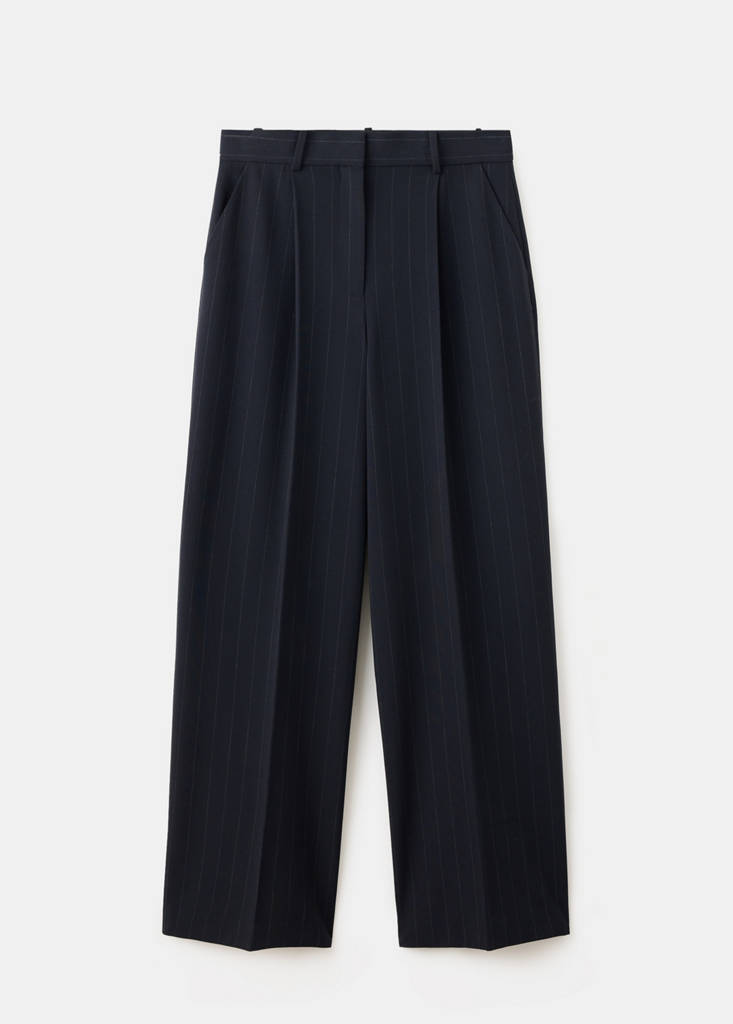 Pinstripe pleated trousers — Navy