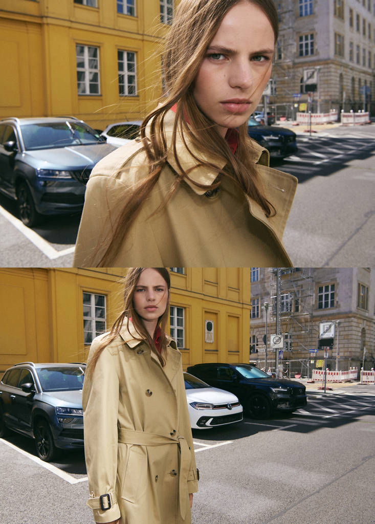 Trench coat with shirt collar and buckles — Beige