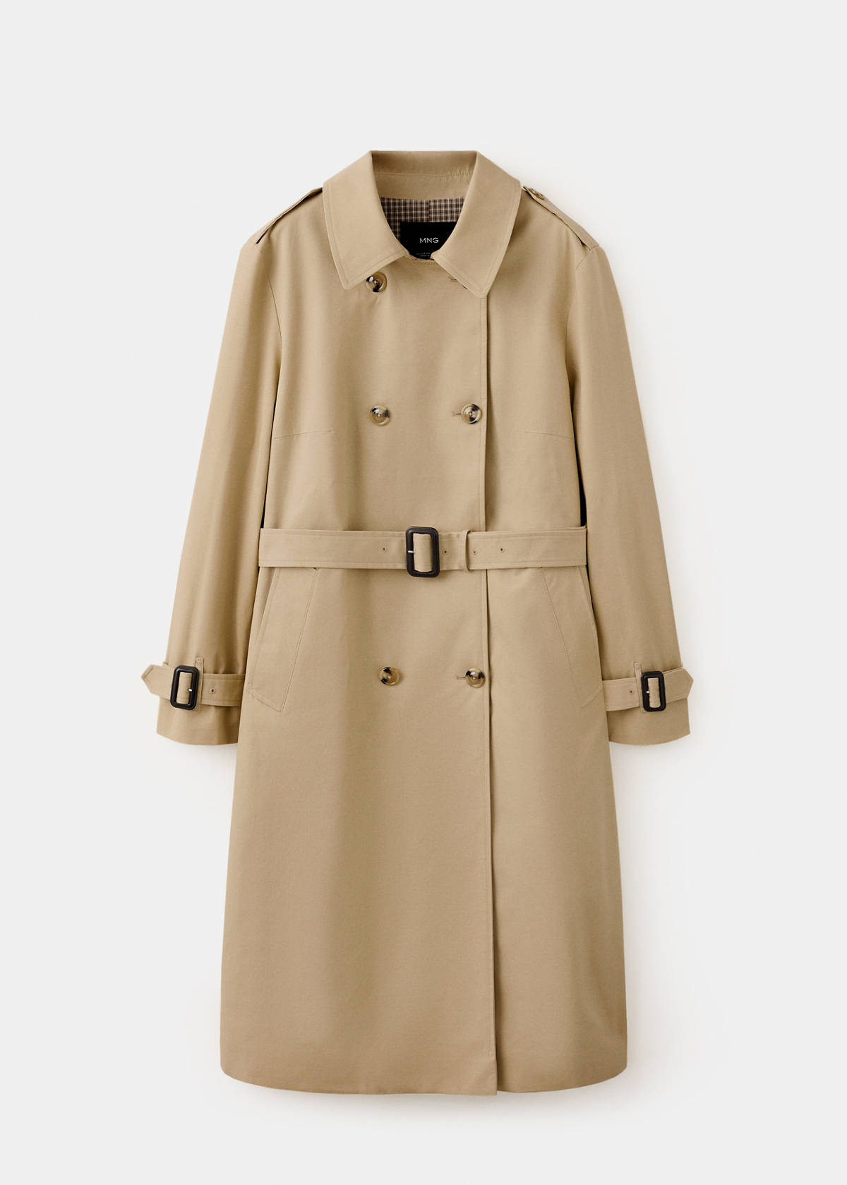 Trench coat with belt and checked lining — Beige