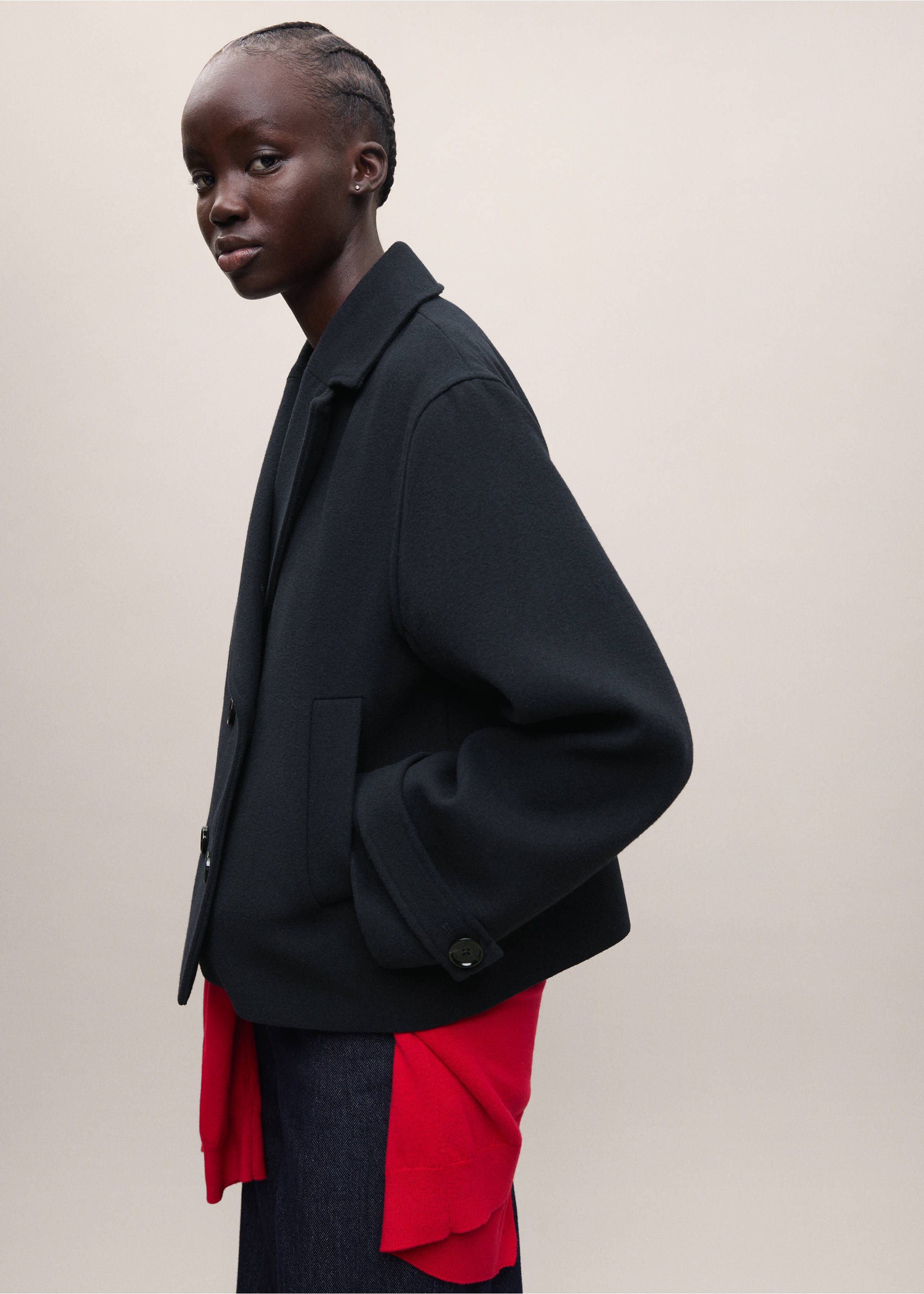 Navy blue short coat with lapel collar and button closure., Navy. Ref: 37075973-01.