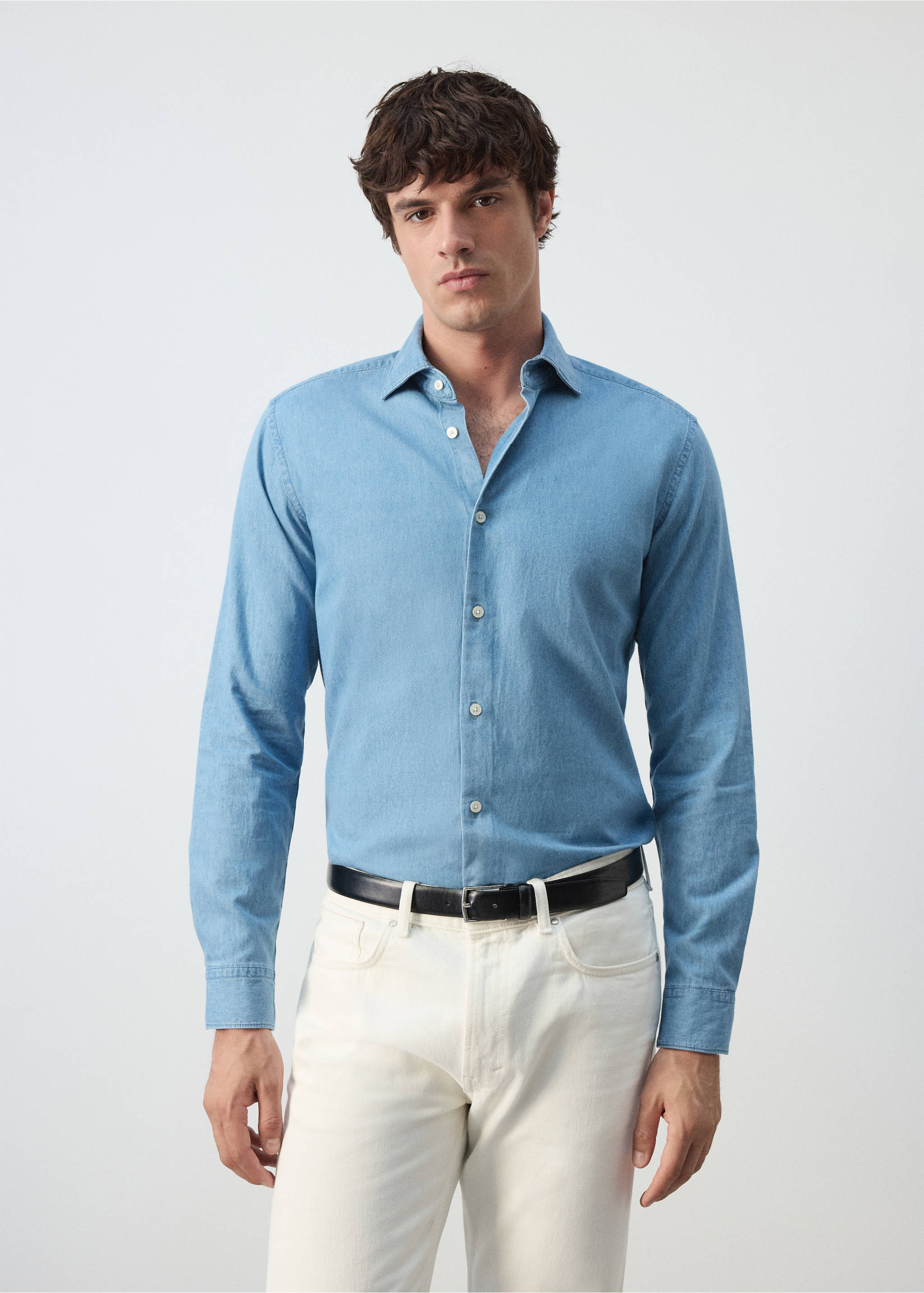 Chemise chambray 100 % coton - Plan moyen, Bleu clair. Ref: 37075977-00.
