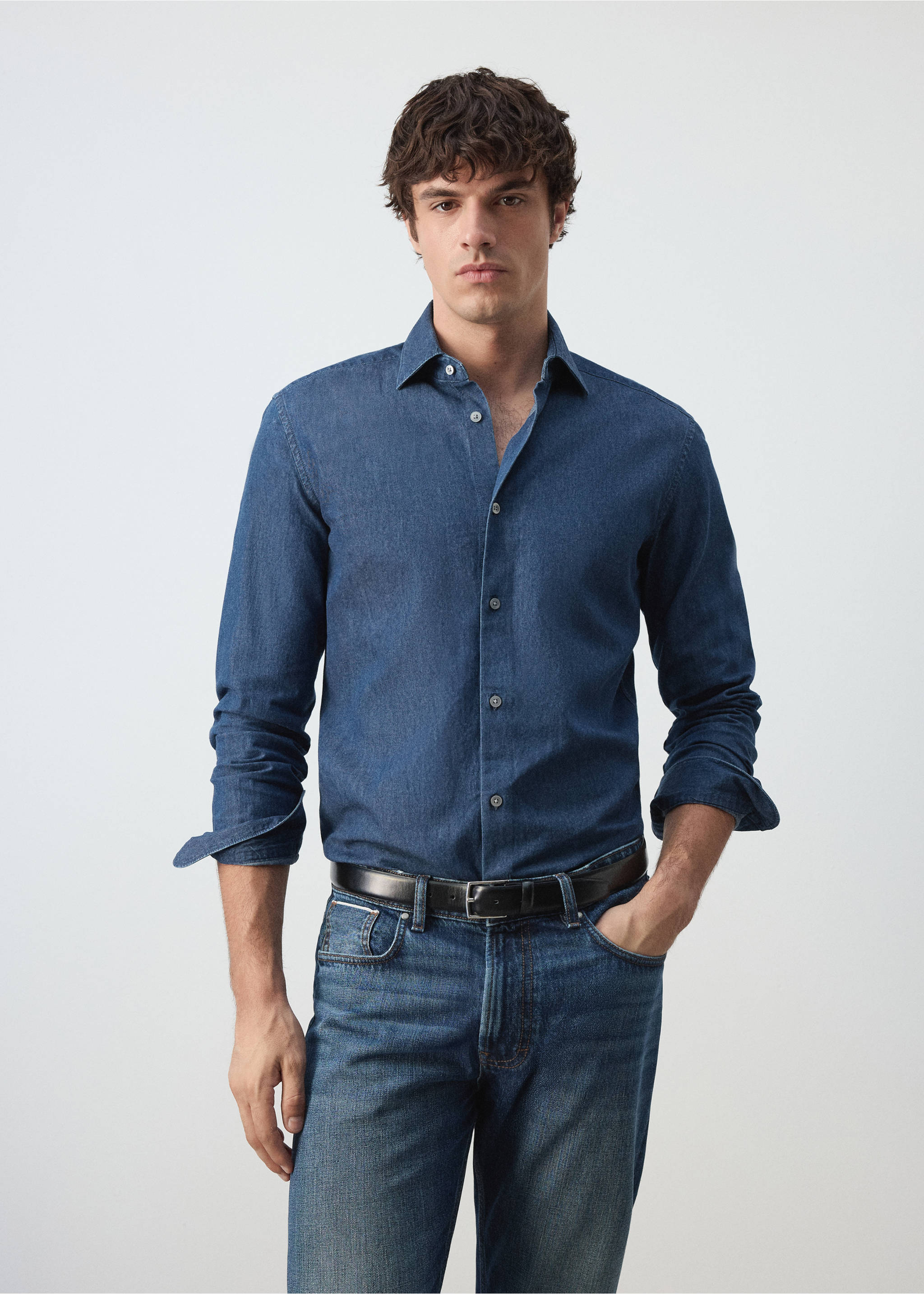 Chemise chambray 100 % coton - Plan moyen, Bleu moyen. Ref: 37075977-00.
