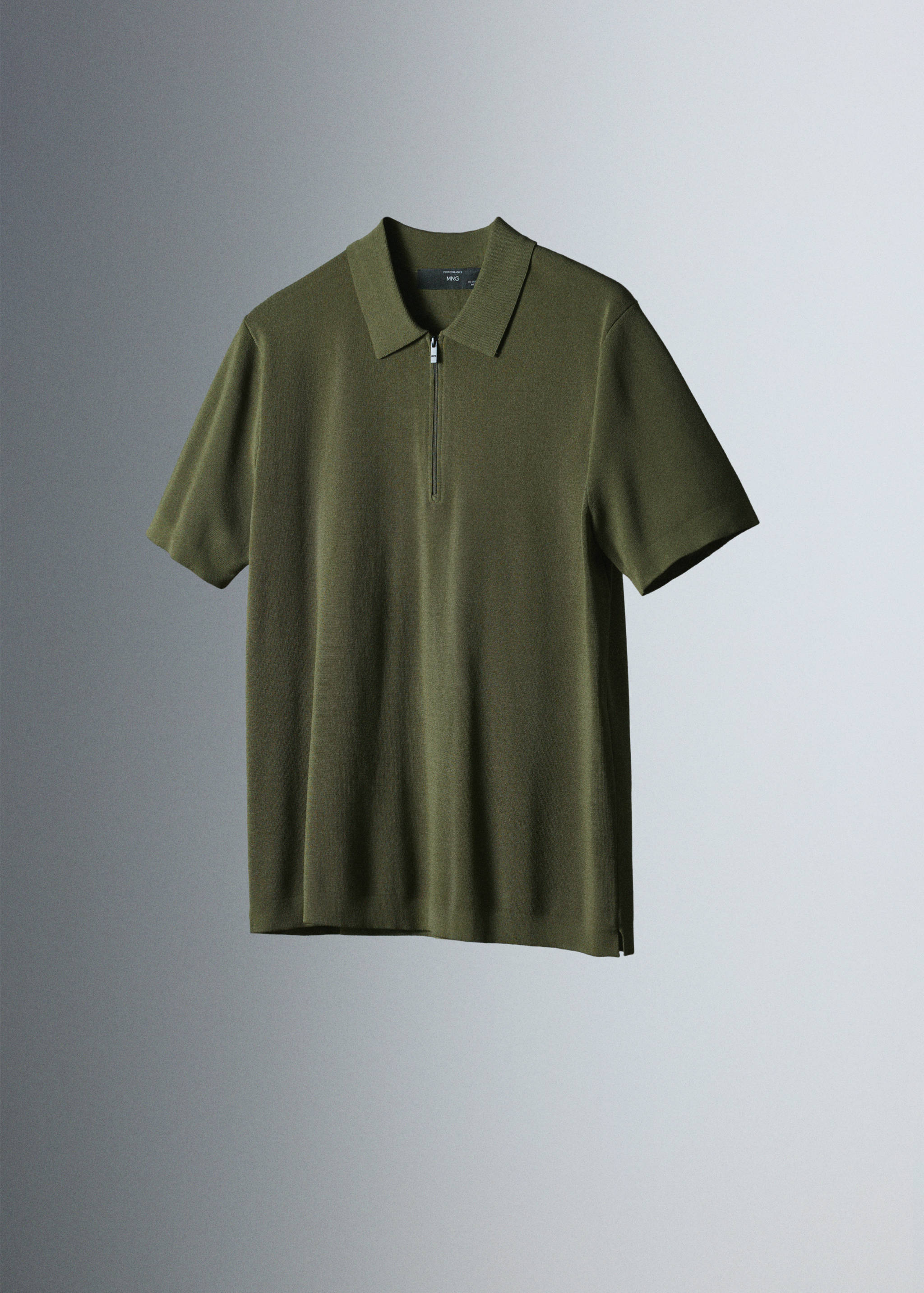Olive green men's short-sleeved knit polo with a zip placket.